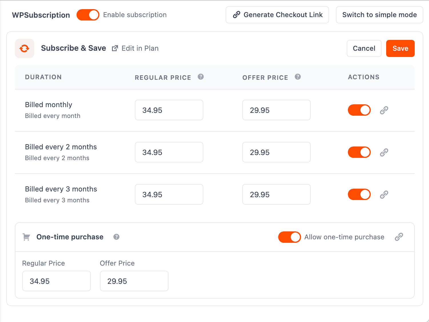 Screenshot of a connected product's price table in edit mode with regular price, offer price, per-duration toggles and the one-time purchase row