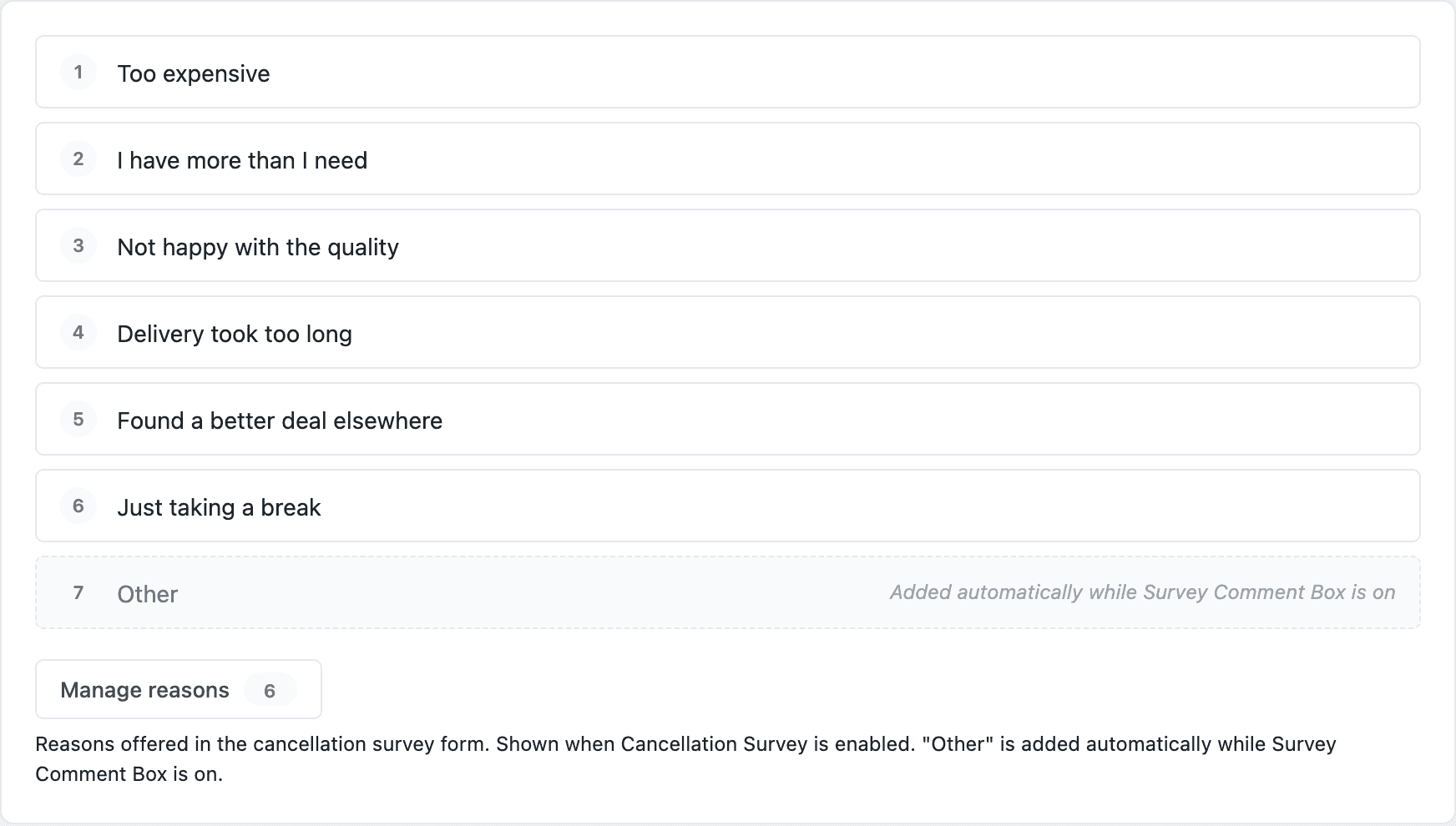 Screenshot of the cancellation reason list showing six numbered reasons plus an automatic Other entry