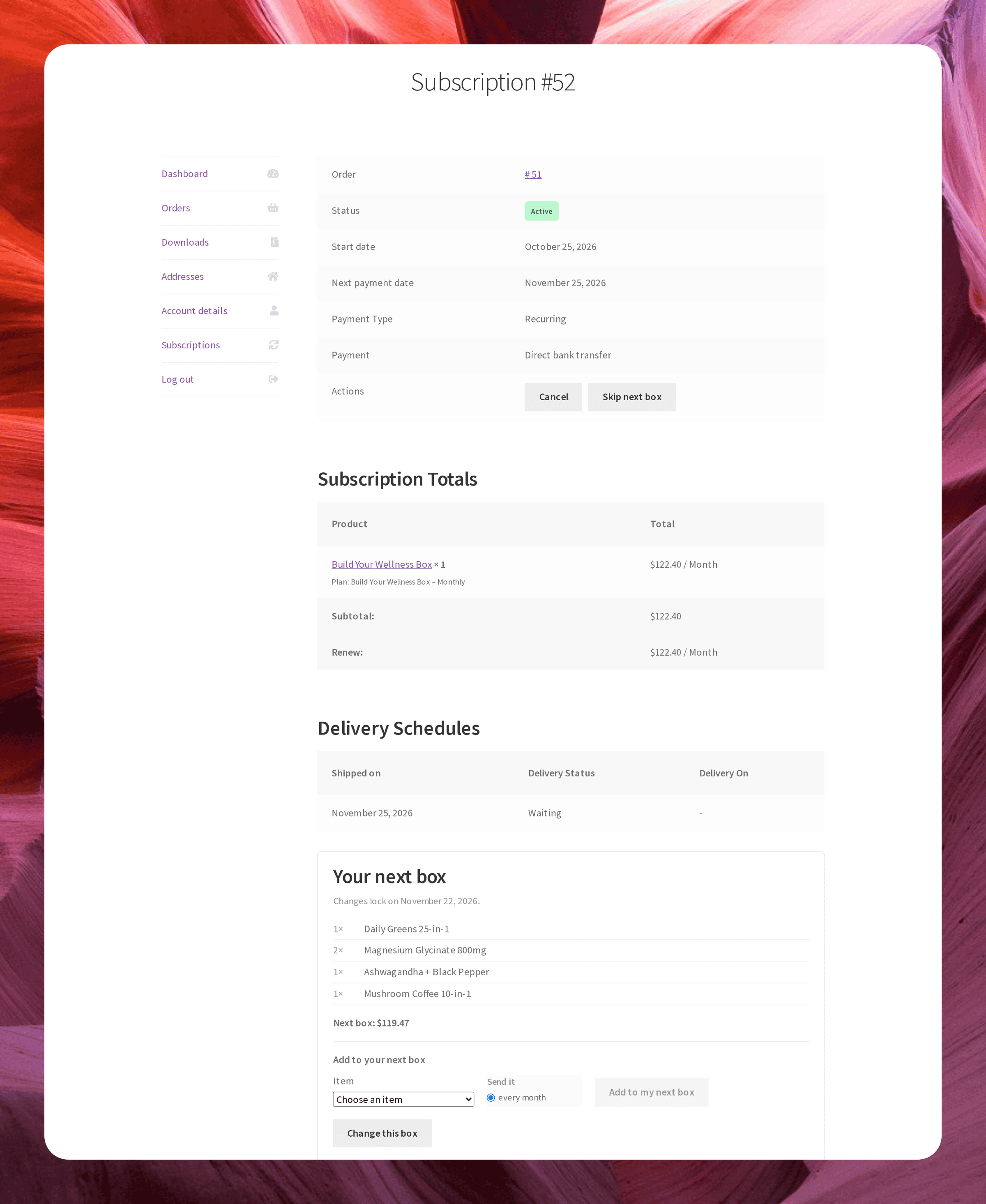 Screenshot of a subscription page in My Account with Cancel and Skip next box buttons and a Your next box panel listing the items