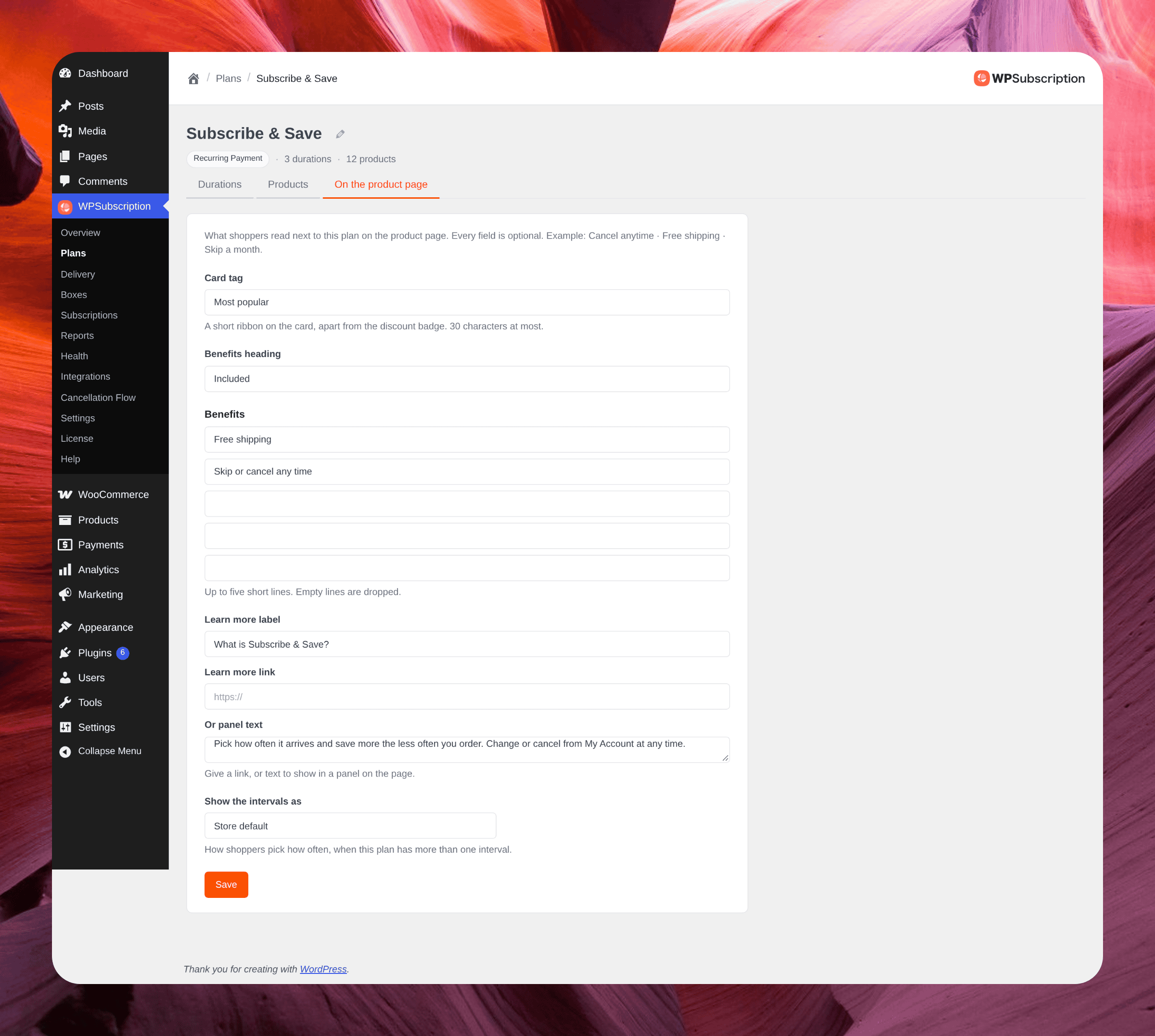 Screenshot of a plan's On the product page tab with a card tag, benefits heading, benefits, learn more fields and intervals display