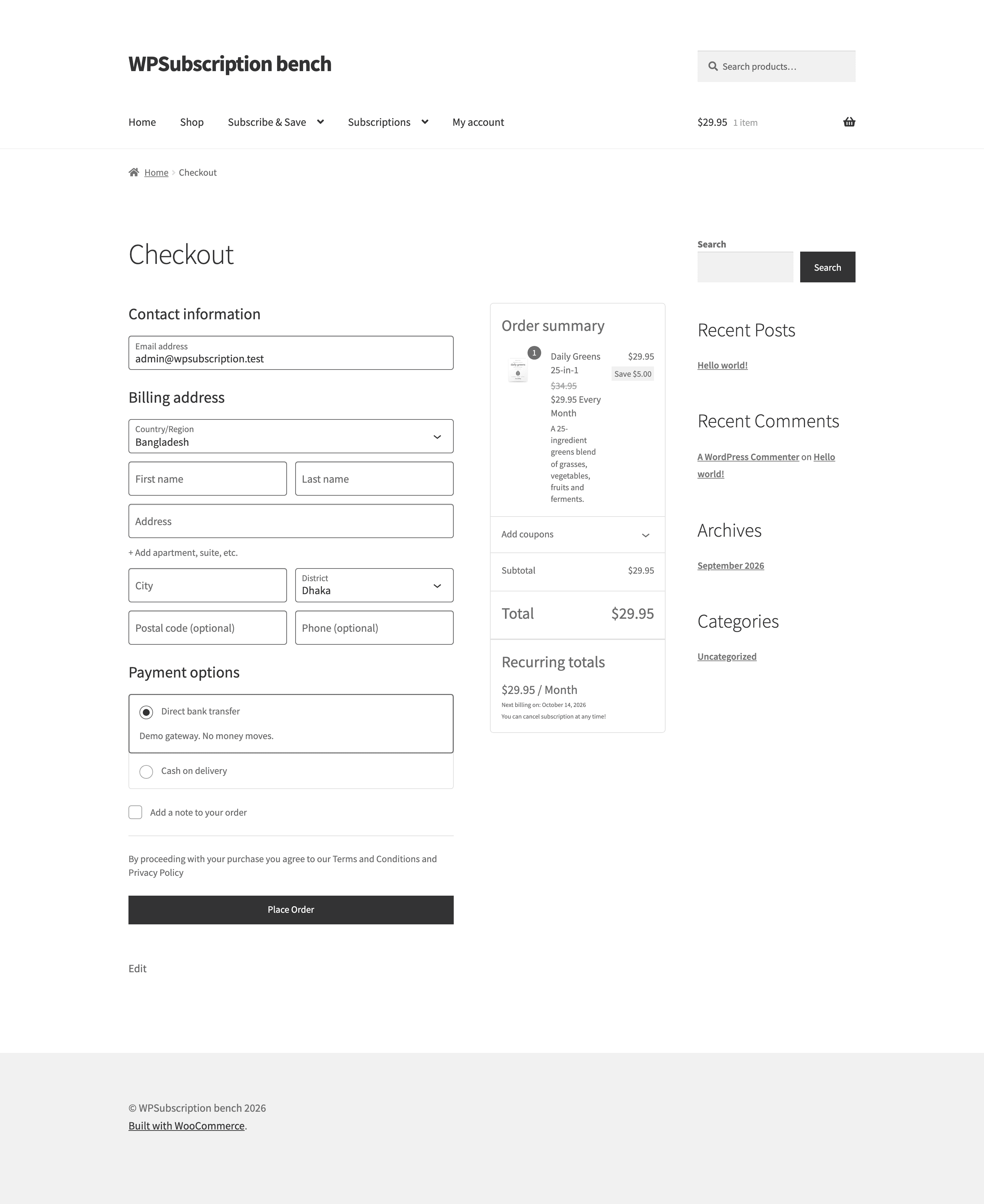 Screenshot of the WooCommerce checkout page reached from a generated link, with the product, its discounted price and the recurring total