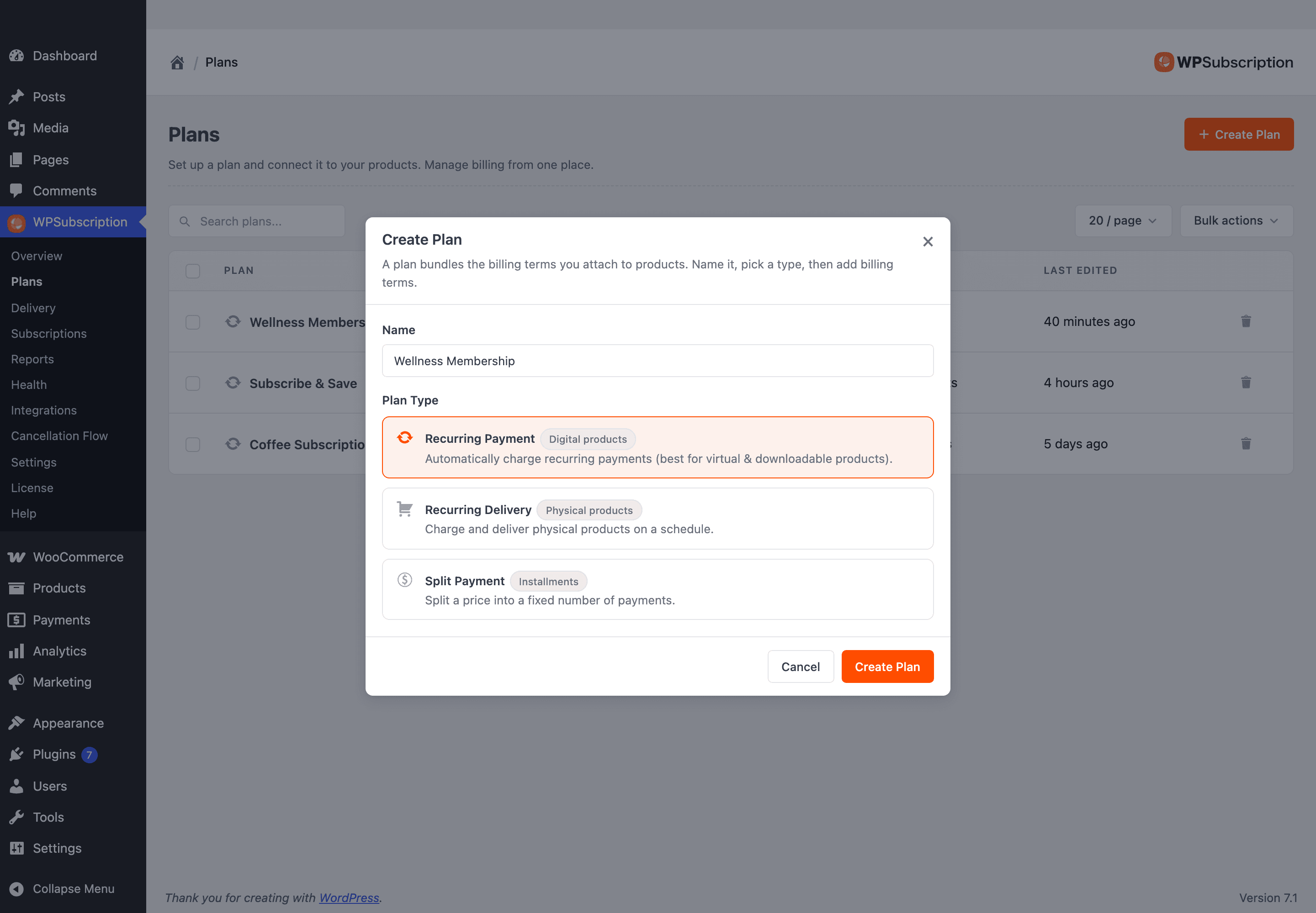 Screenshot of the Create Plan dialog filled in with the name Wellness Membership and the Recurring Payment type selected