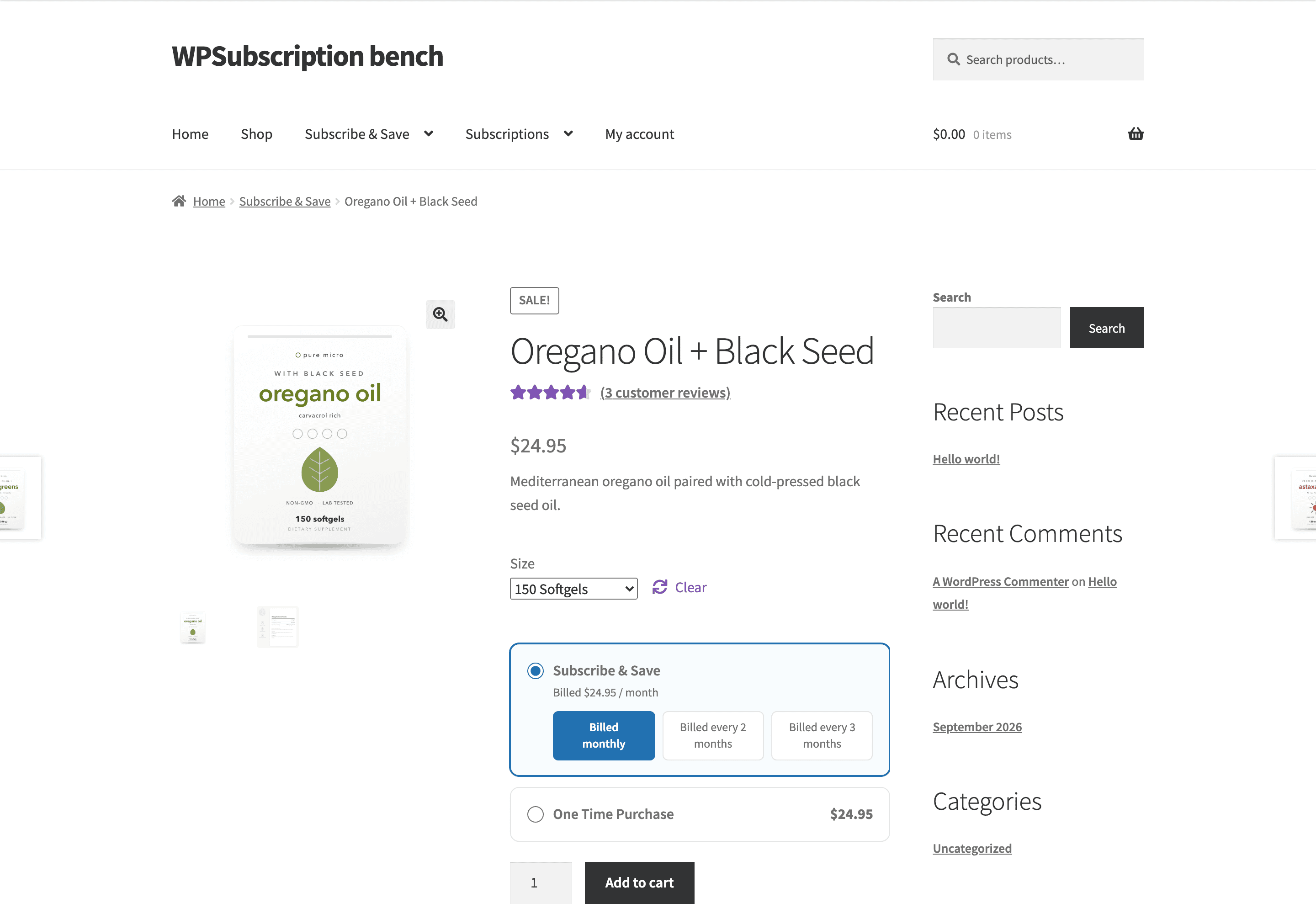 Screenshot of the same product after choosing a variation, with that variation's plan durations and prices