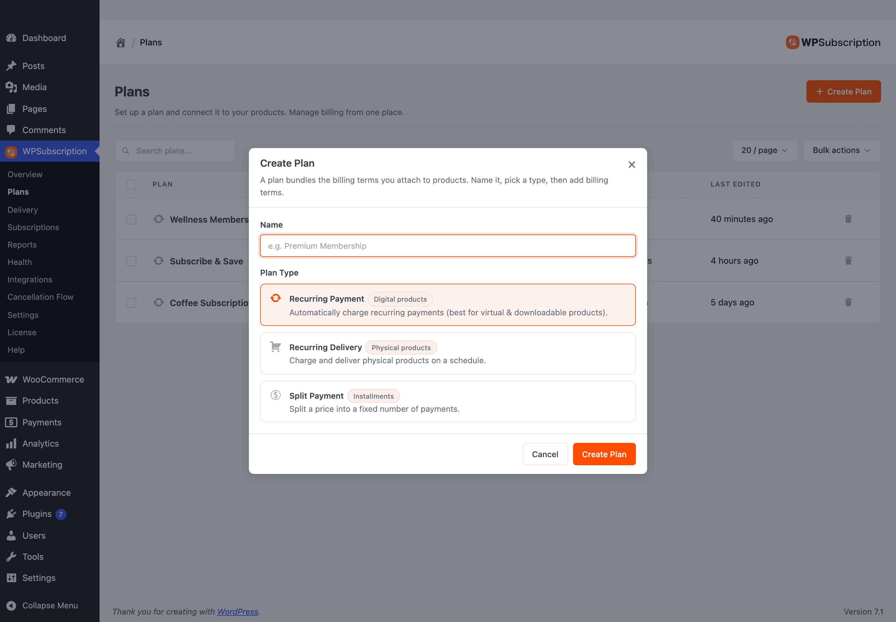 Screenshot of the Create Plan dialog with a Name field and three plan type cards