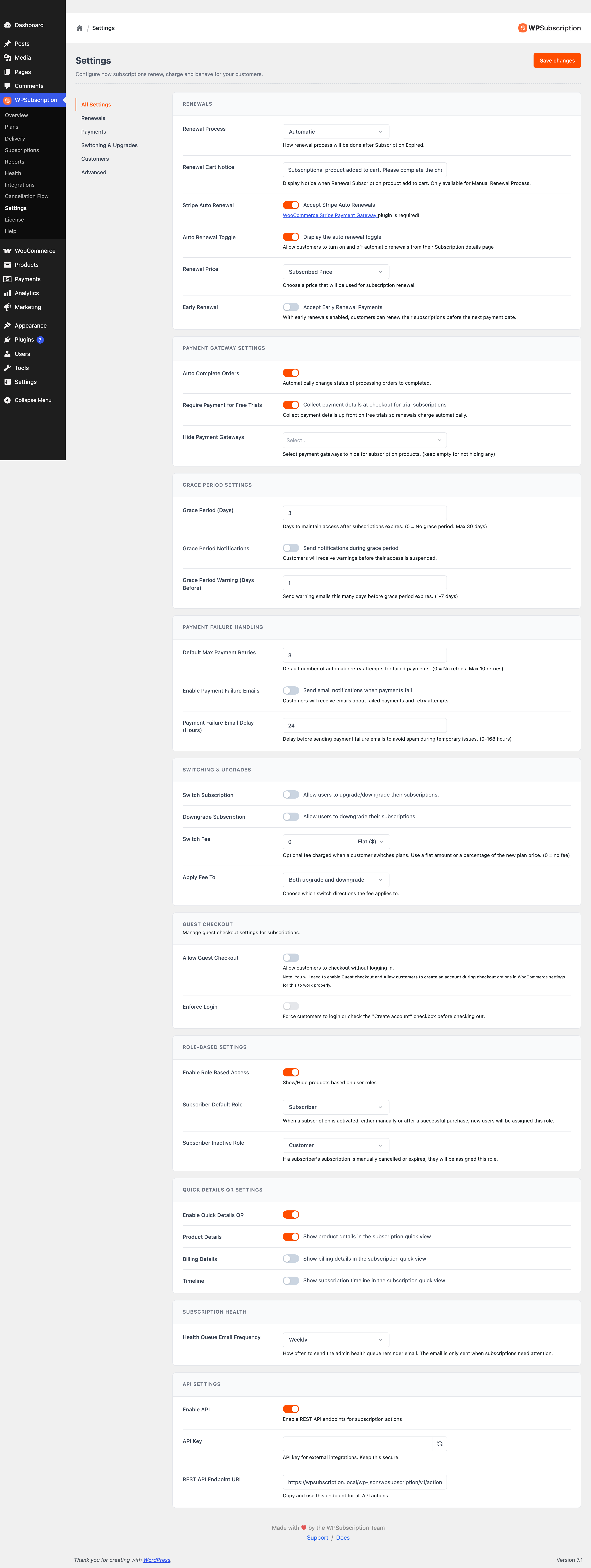Screenshot of the All Settings view with every WPSubscription settings section stacked on one page