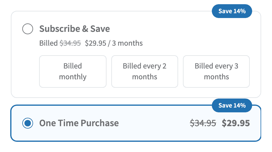 Screenshot of the plan selector with the One Time Purchase card selected instead of the subscription card