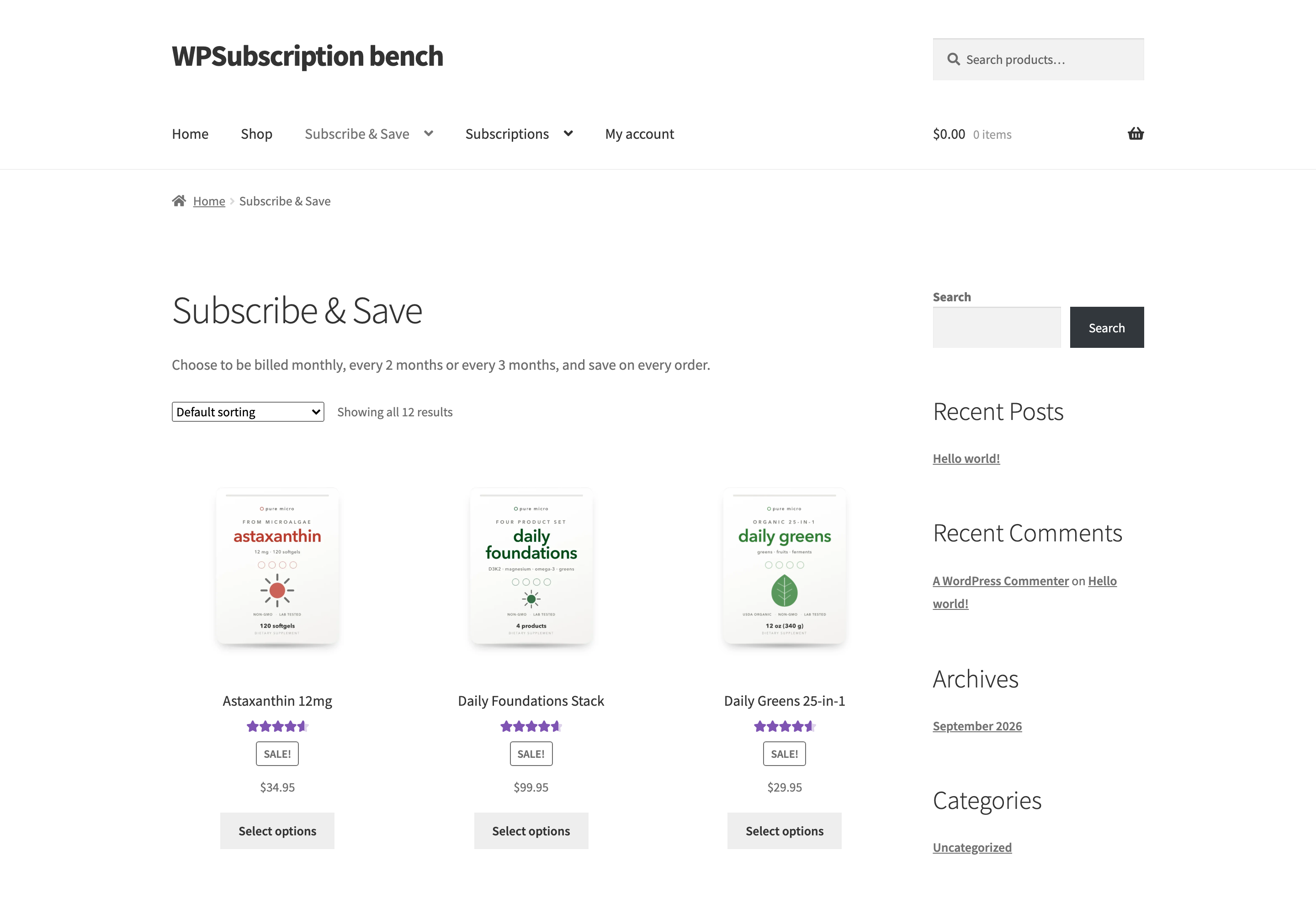 Screenshot of a WooCommerce category page showing plan-priced products in the product grid