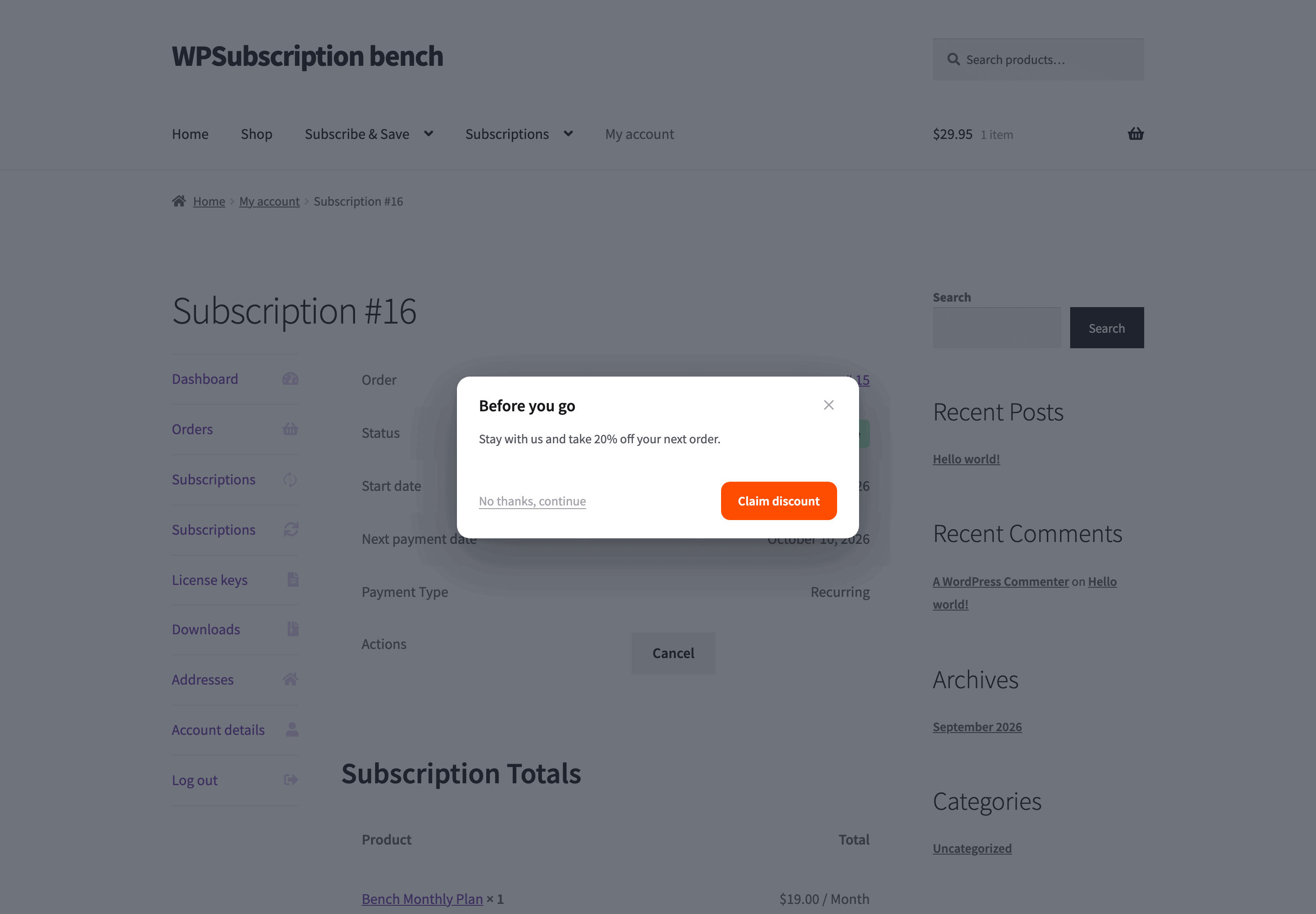 Screenshot of the Before you go dialog offering the customer 20 percent off their next order, with Claim discount and No thanks buttons