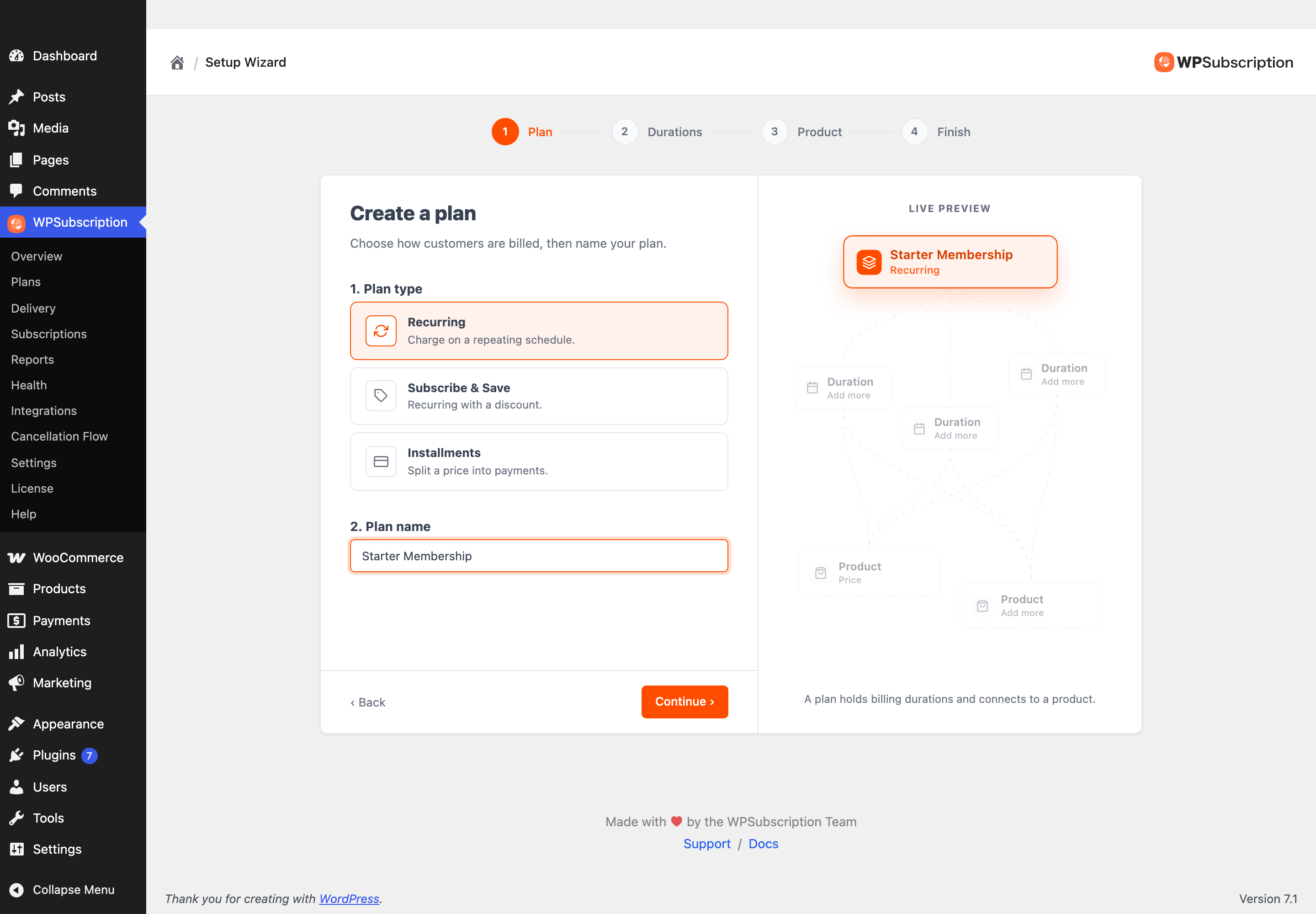 Screenshot of the wizard's plan step with a plan name entered and the live preview updating
