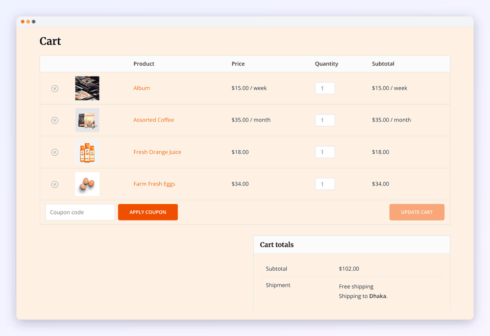 Animation of a cart with two subscriptions and two regular products going through checkout, then the order, My Account and the admin each showing one order with two subscriptions