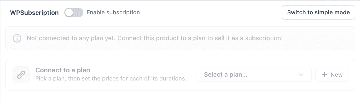 Screenshot of the Subscription tab on a product that is not connected to a plan, showing a Connect to a plan panel