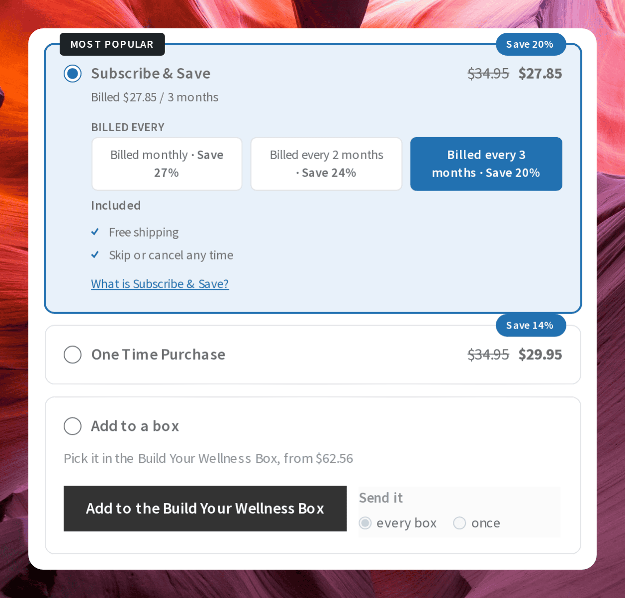 Screenshot of the plan selector with the One Time Purchase card selected instead of the subscription card