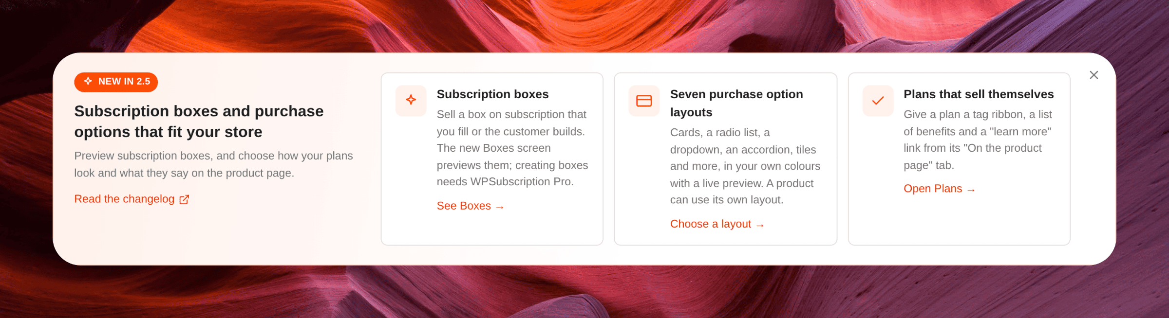 Screenshot of the New in 2.5 banner with three feature cards for subscription boxes, purchase option layouts and plans that sell themselves