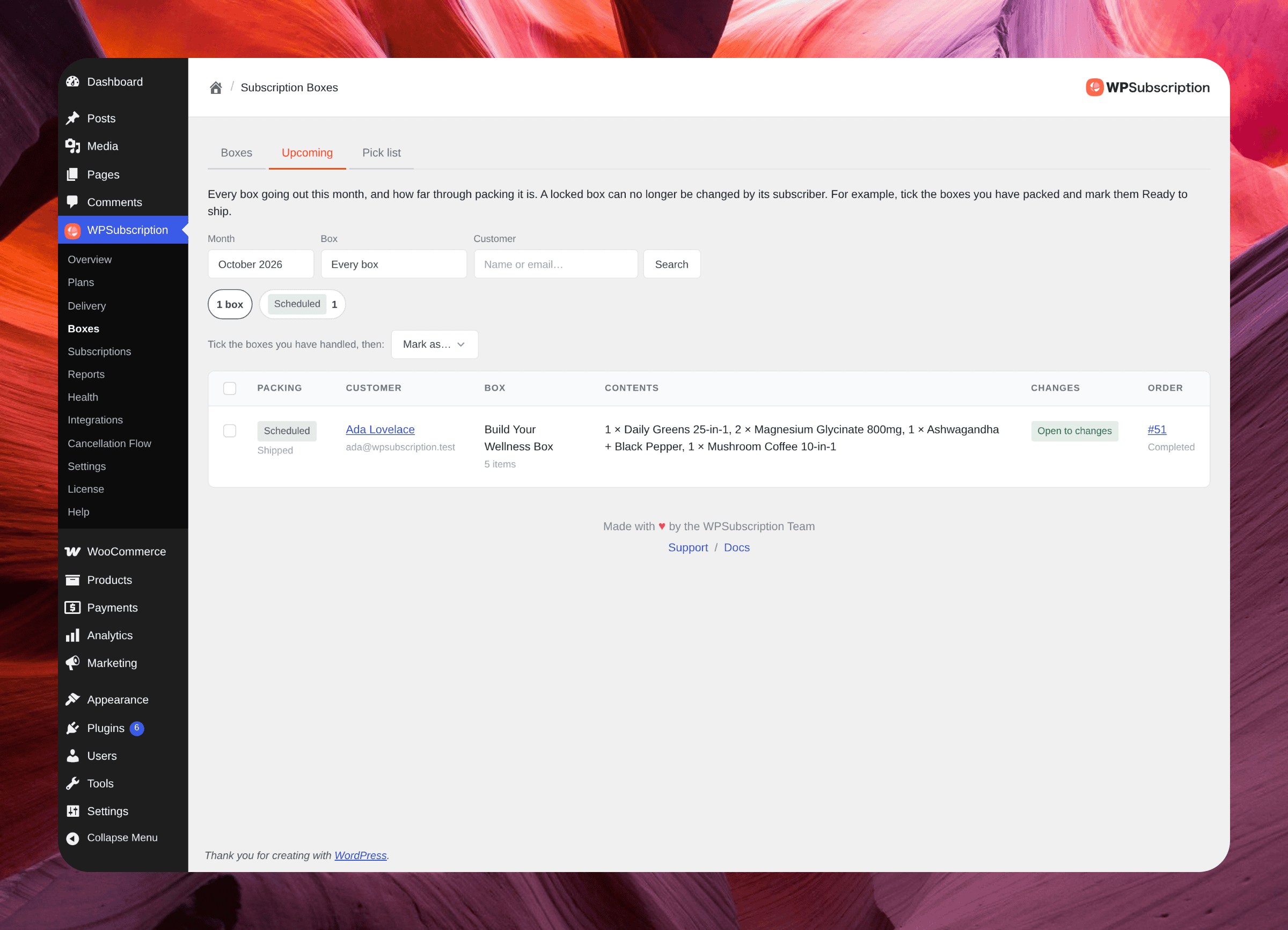 Screenshot of the Upcoming tab listing a box shipping this month with its customer, contents, whether it is open to changes and its order
