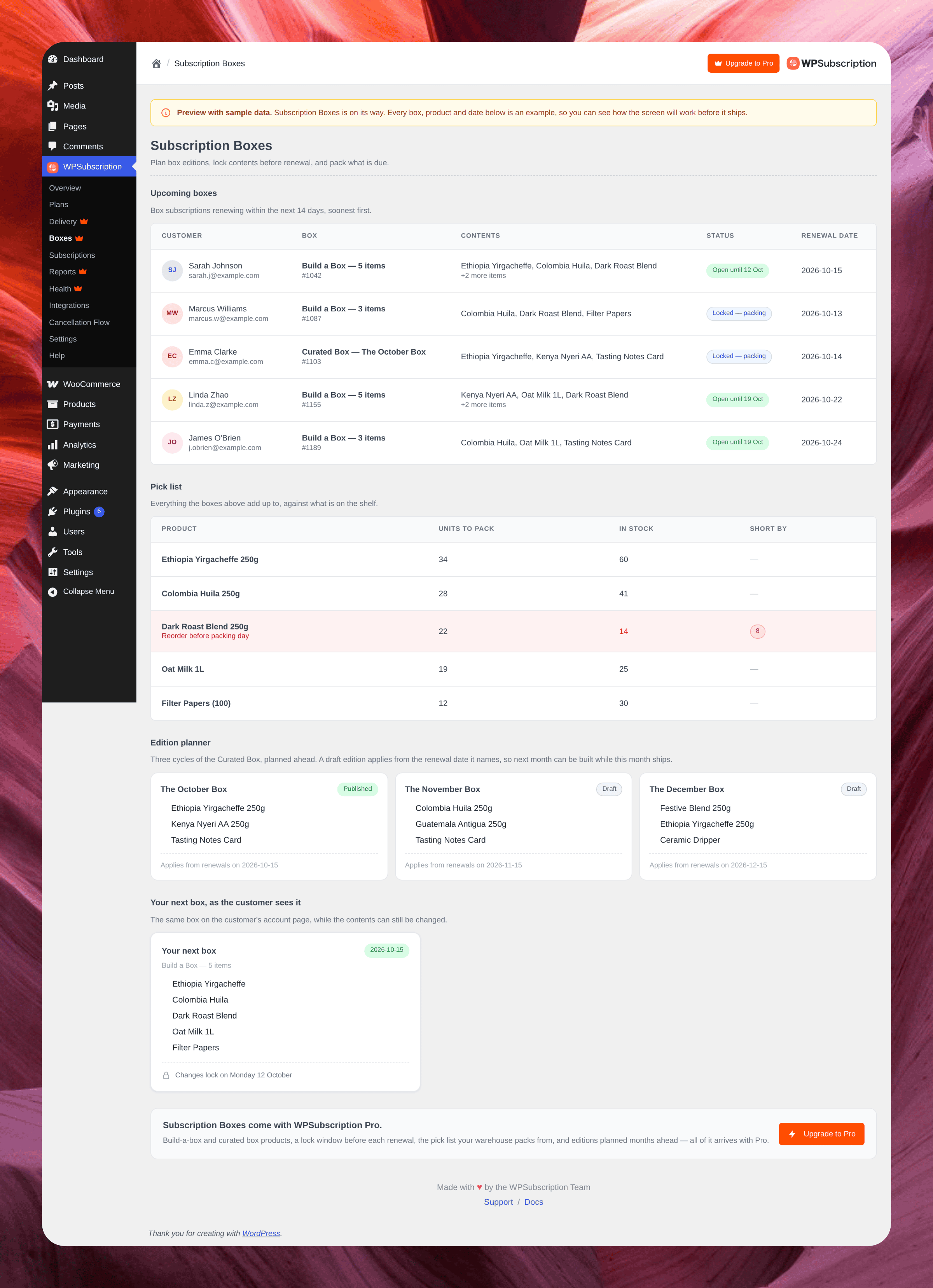 Screenshot of the Boxes screen in the free plugin, a preview with sample boxes, a pick list and an edition planner
