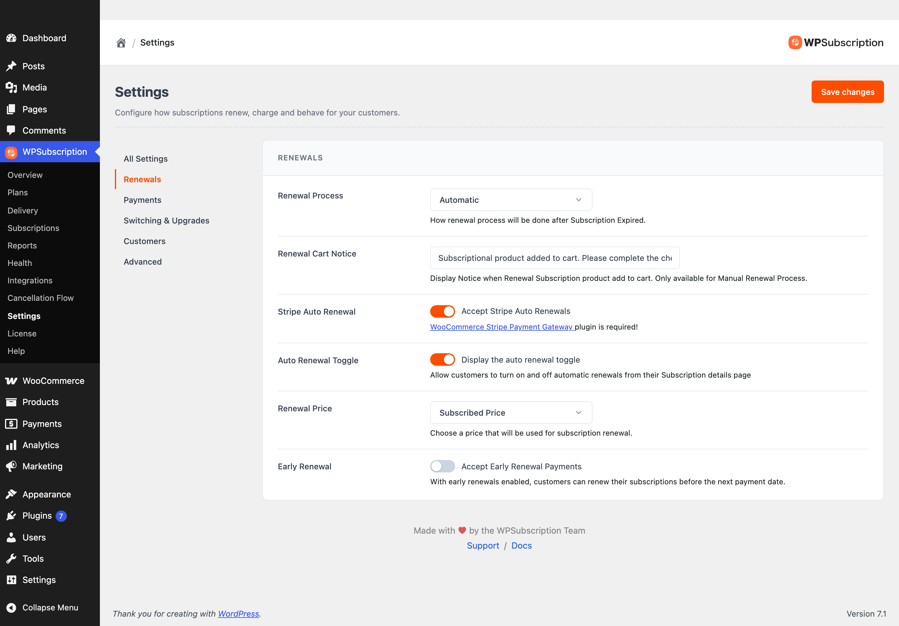 Screenshot of the WPSubscription Settings screen showing the section rail on the left and the Renewals panel