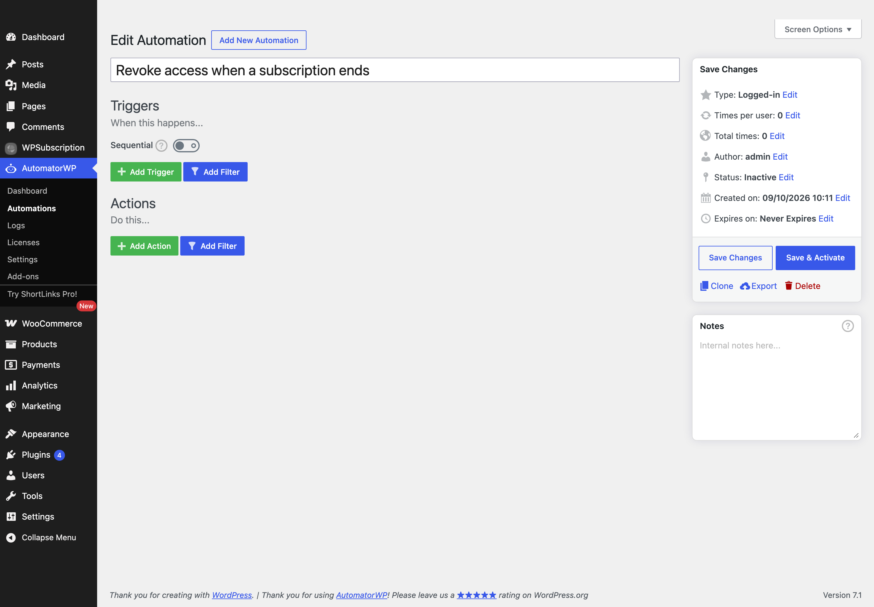 Screenshot of the AutomatorWP automation editor showing an empty Triggers section and an empty Actions section