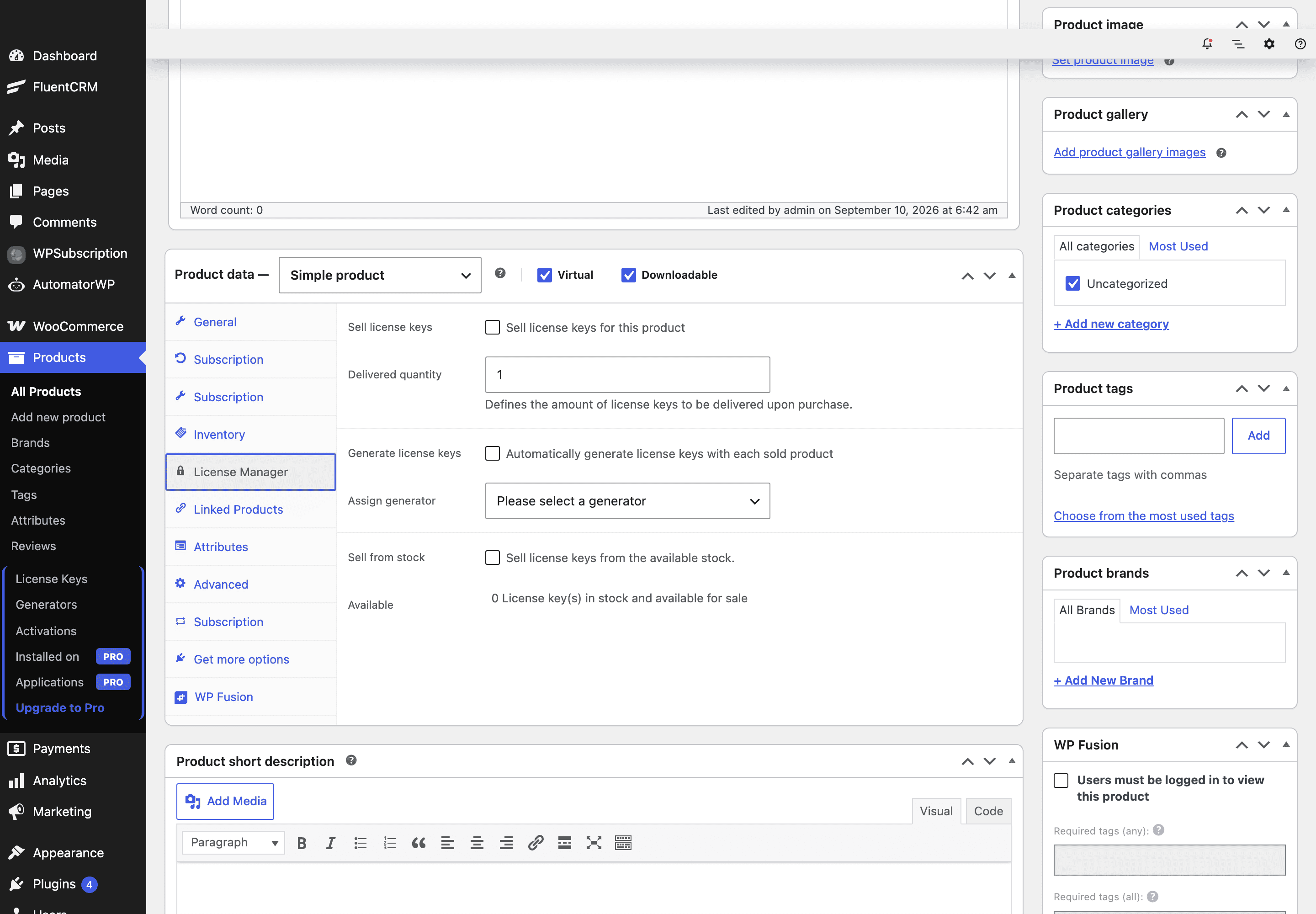Screenshot of the License Manager for WooCommerce settings on a WooCommerce product edit screen