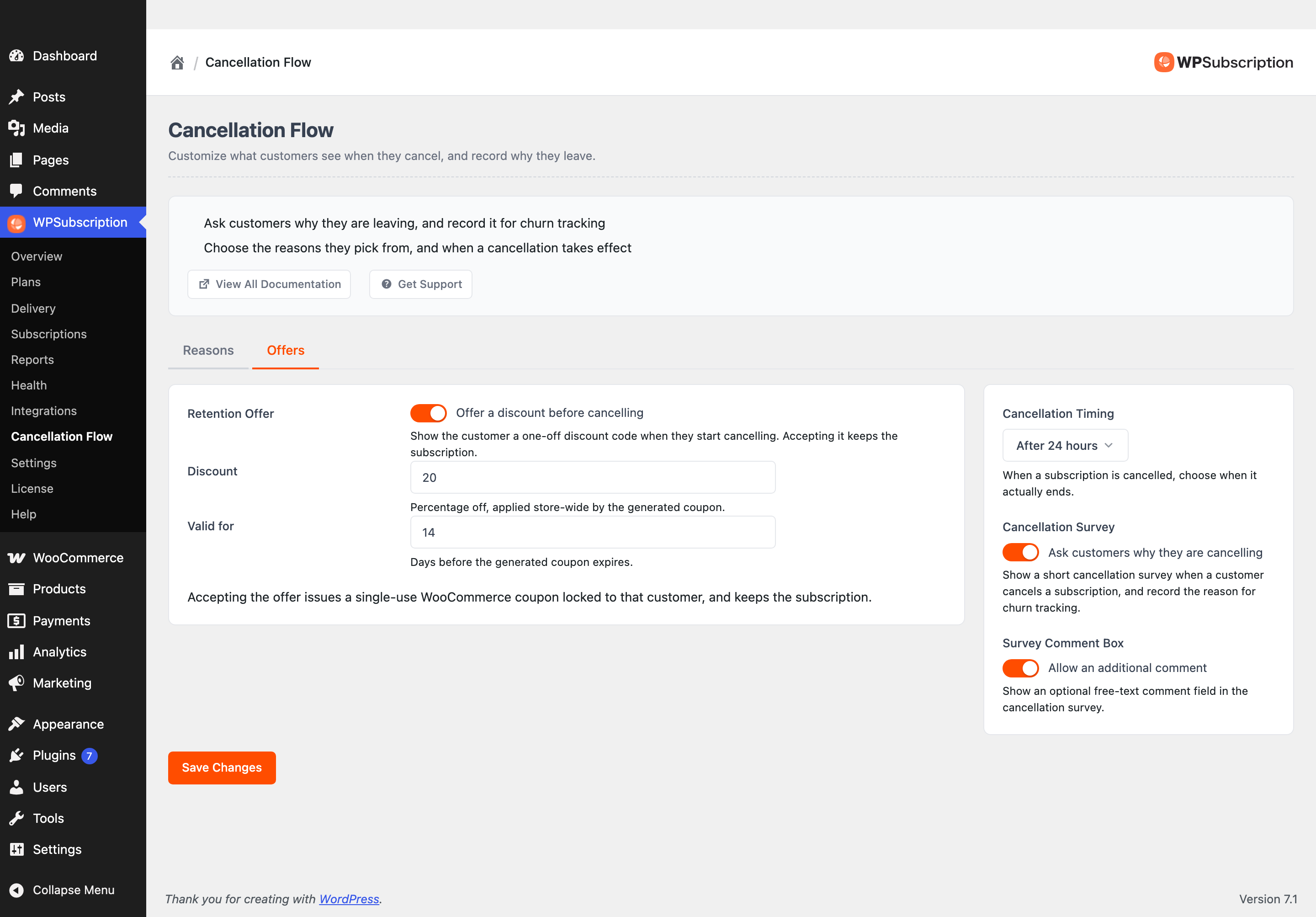 Screenshot of the Offers tab with the Retention Offer toggle, a discount percentage and a validity period