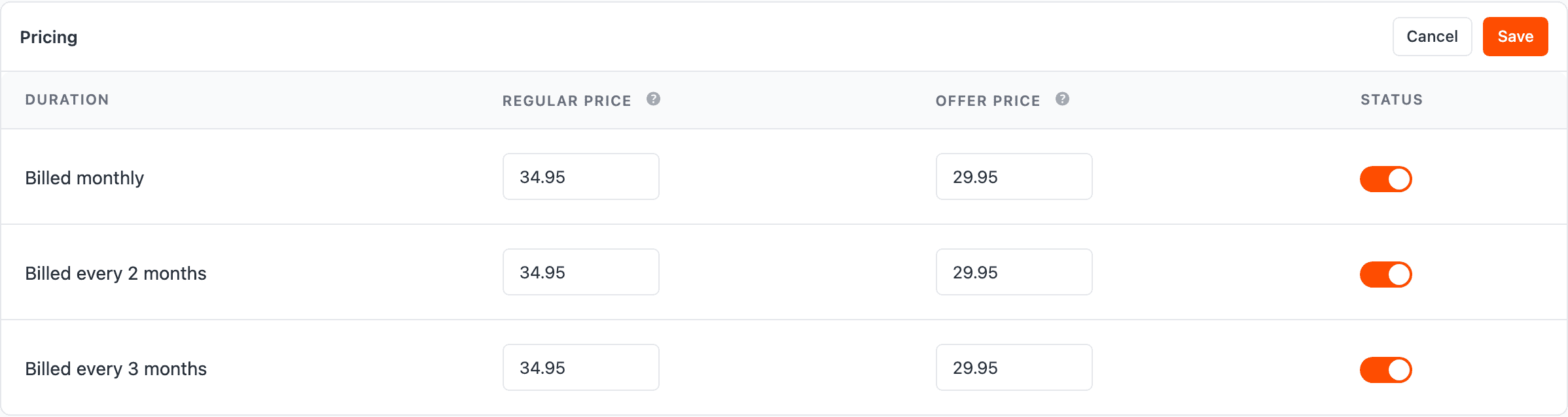 Screenshot of a product's pricing table in edit mode, with regular and offer price input fields and per-duration toggles