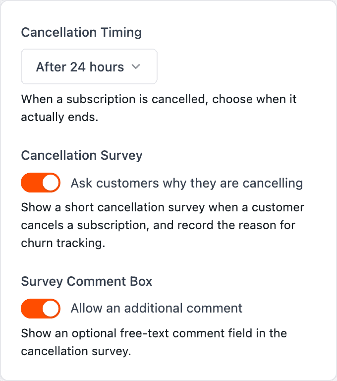 Screenshot of the cancellation flow options panel with Cancellation Timing, Cancellation Survey and Survey Comment Box