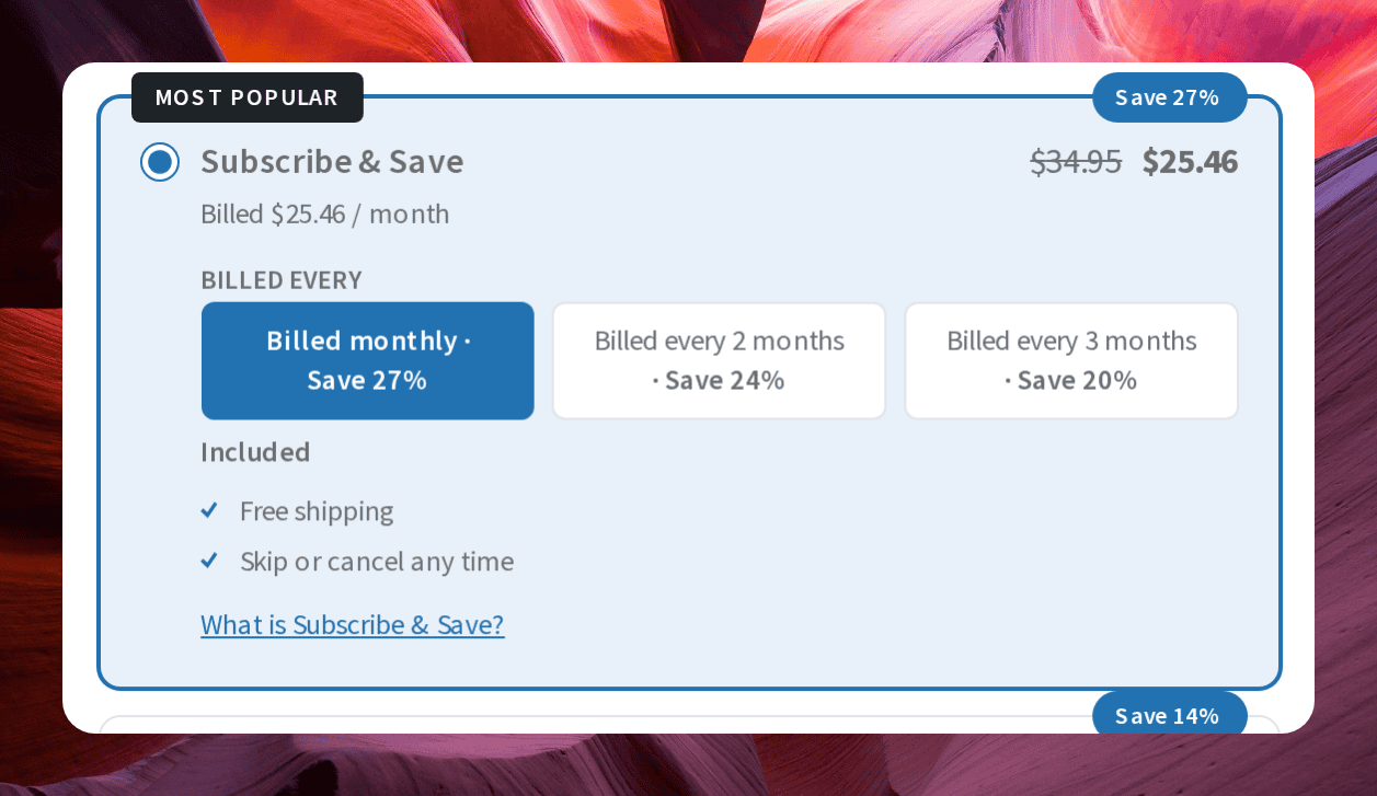 Close-up screenshot of the plan selector showing a Subscribe and Save card with three duration buttons and a One Time Purchase card