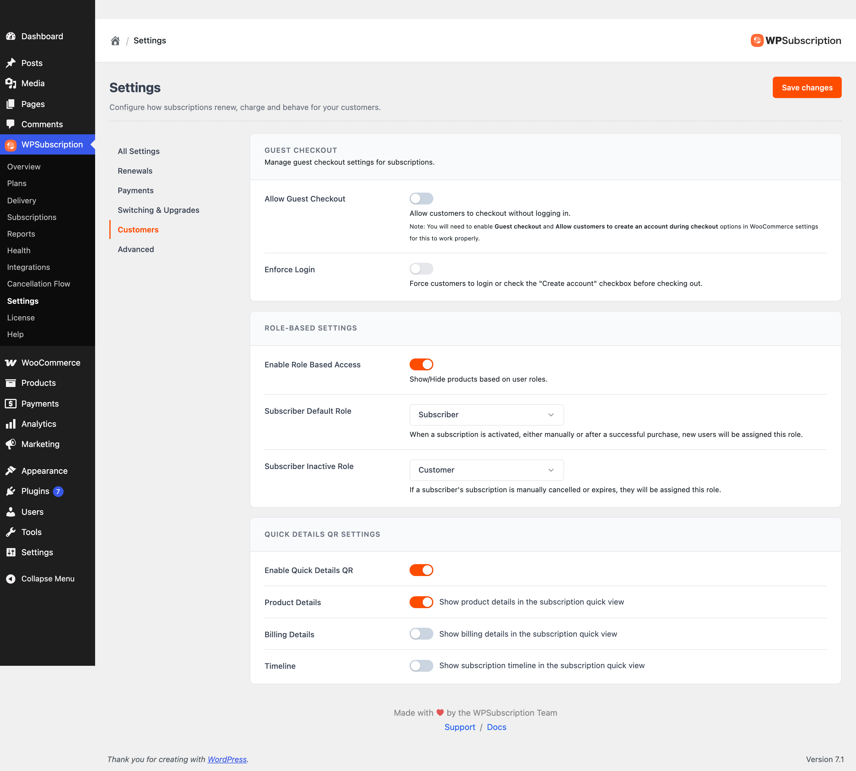 Screenshot of the Customers section of WPSubscription settings