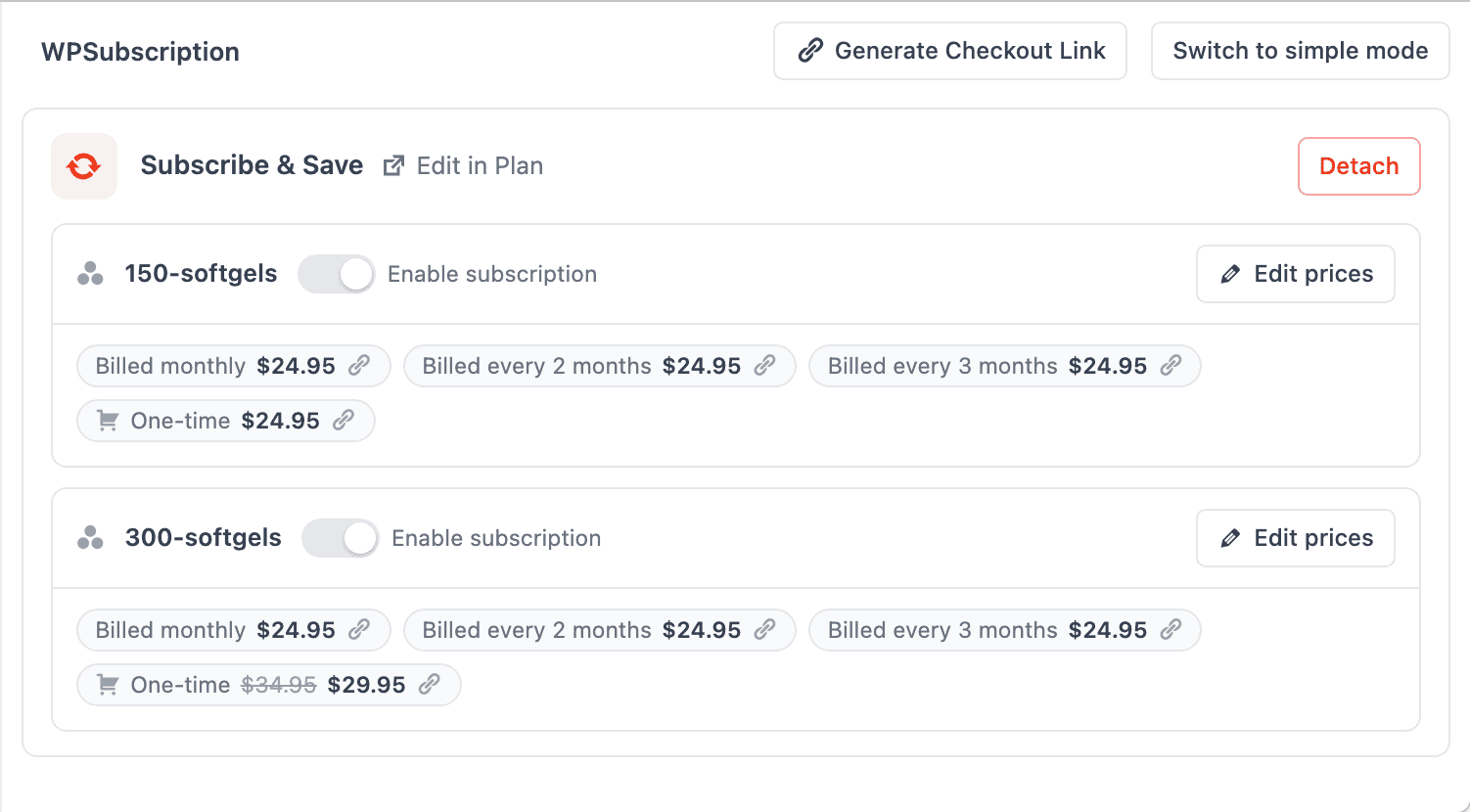 Screenshot of a variable product's Subscription tab with a separate price card for each of two variations