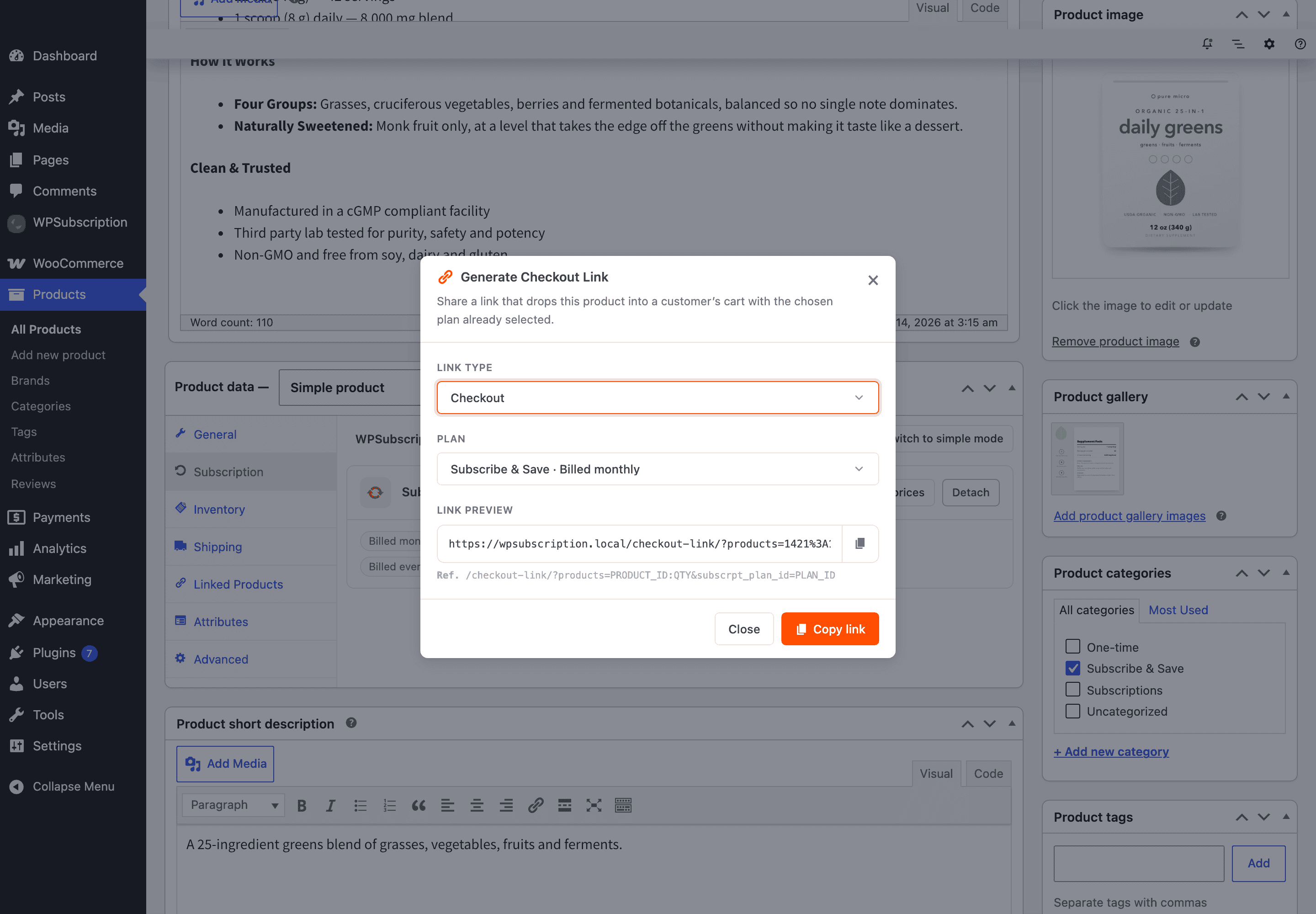 Screenshot of the dialog with a duration chosen and the resulting checkout link shown in the preview field