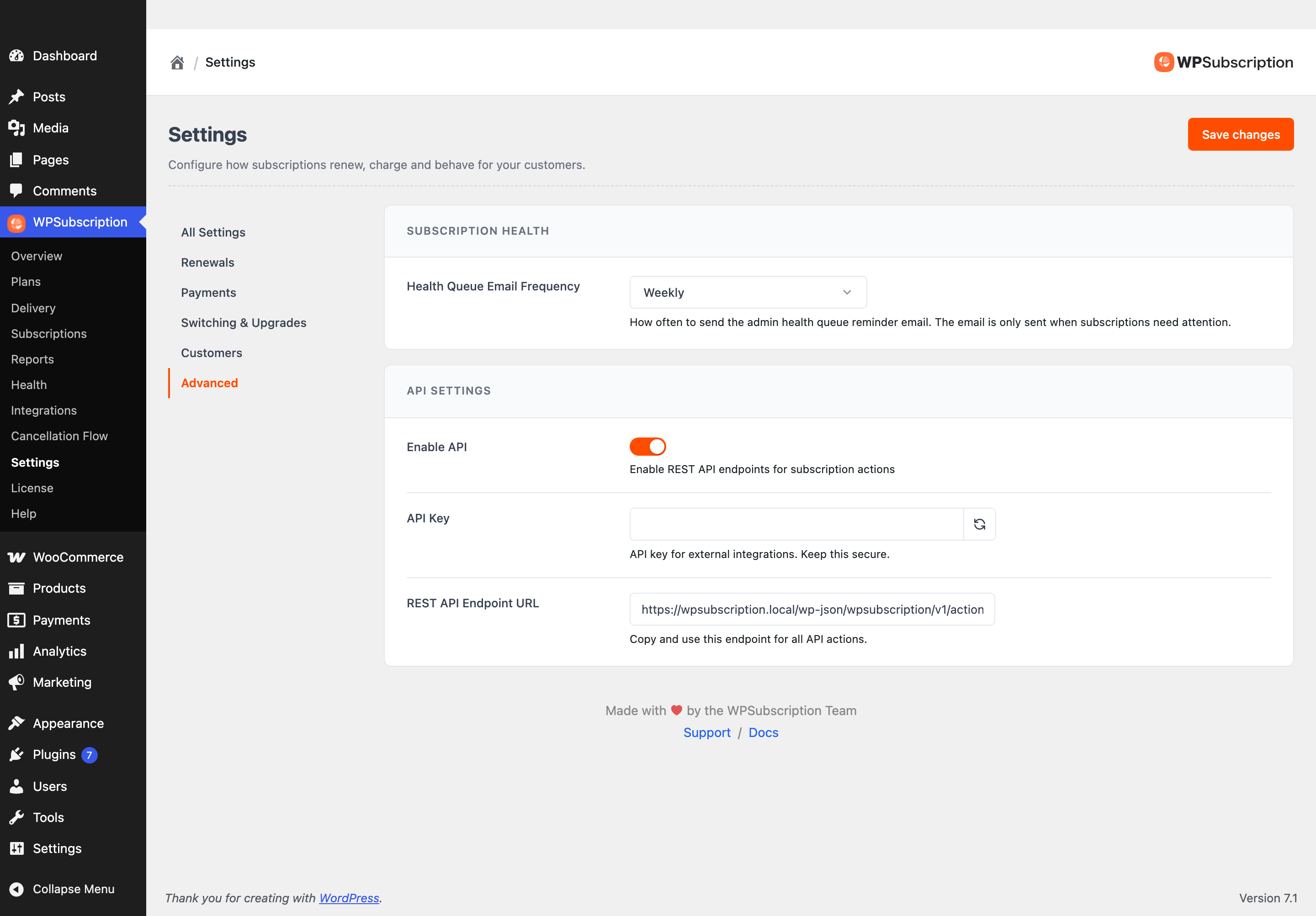 Screenshot of the Advanced section of WPSubscription settings showing API settings