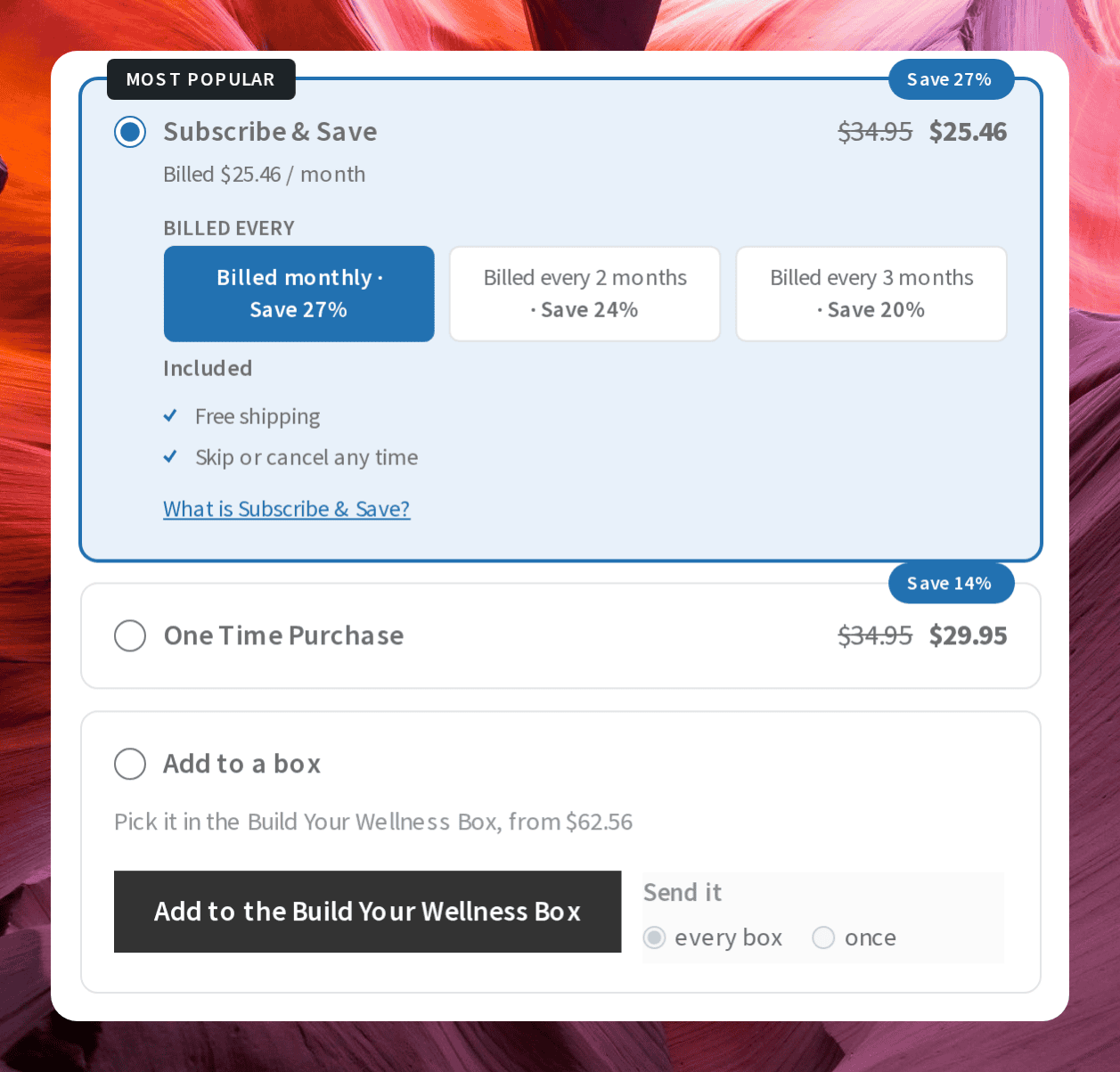 Screenshot of the Stacked cards layout with a Subscribe and Save card and a One Time Purchase card