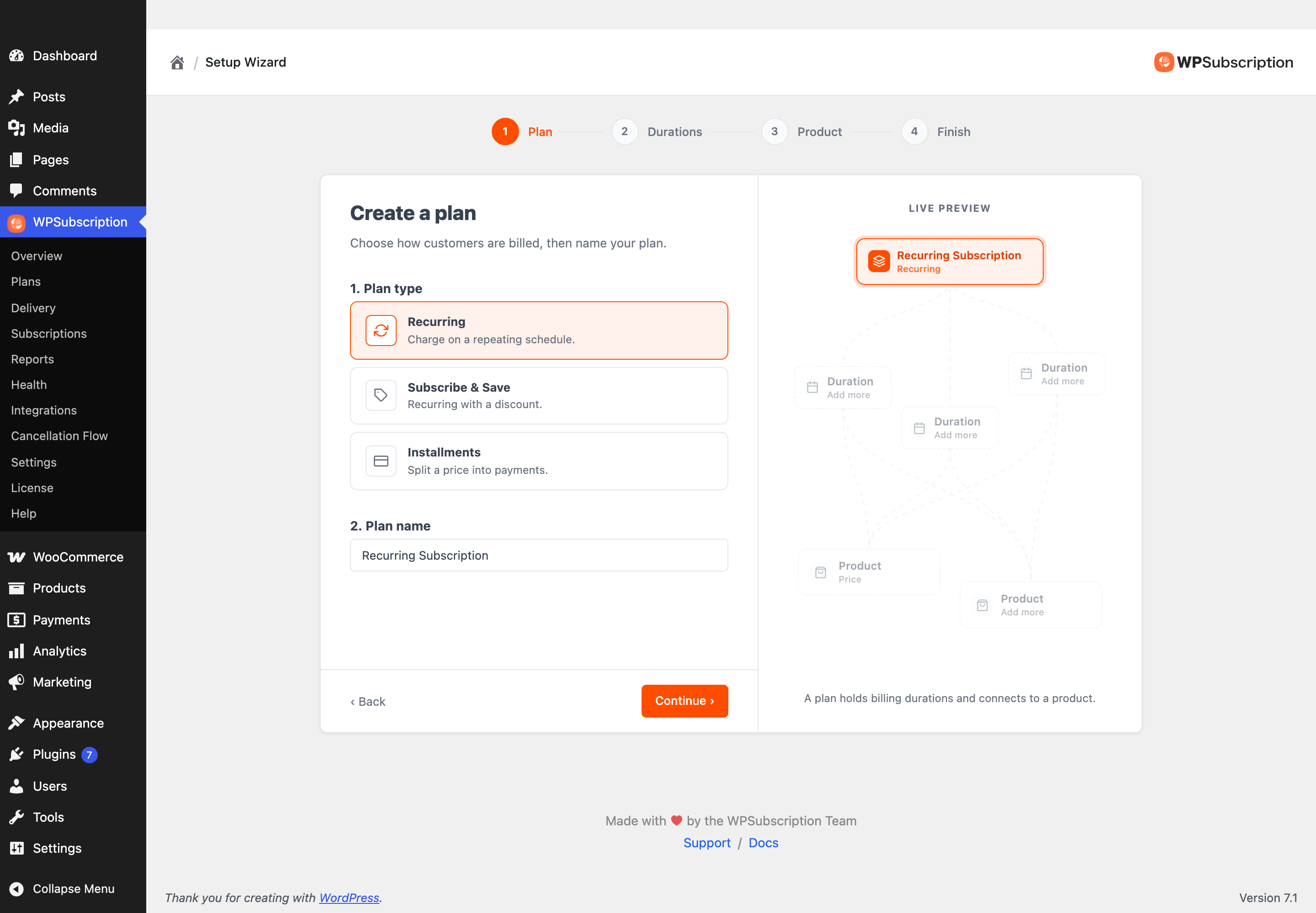 Screenshot of the wizard's first step offering the Recurring, Subscribe and Save and Installments plan types