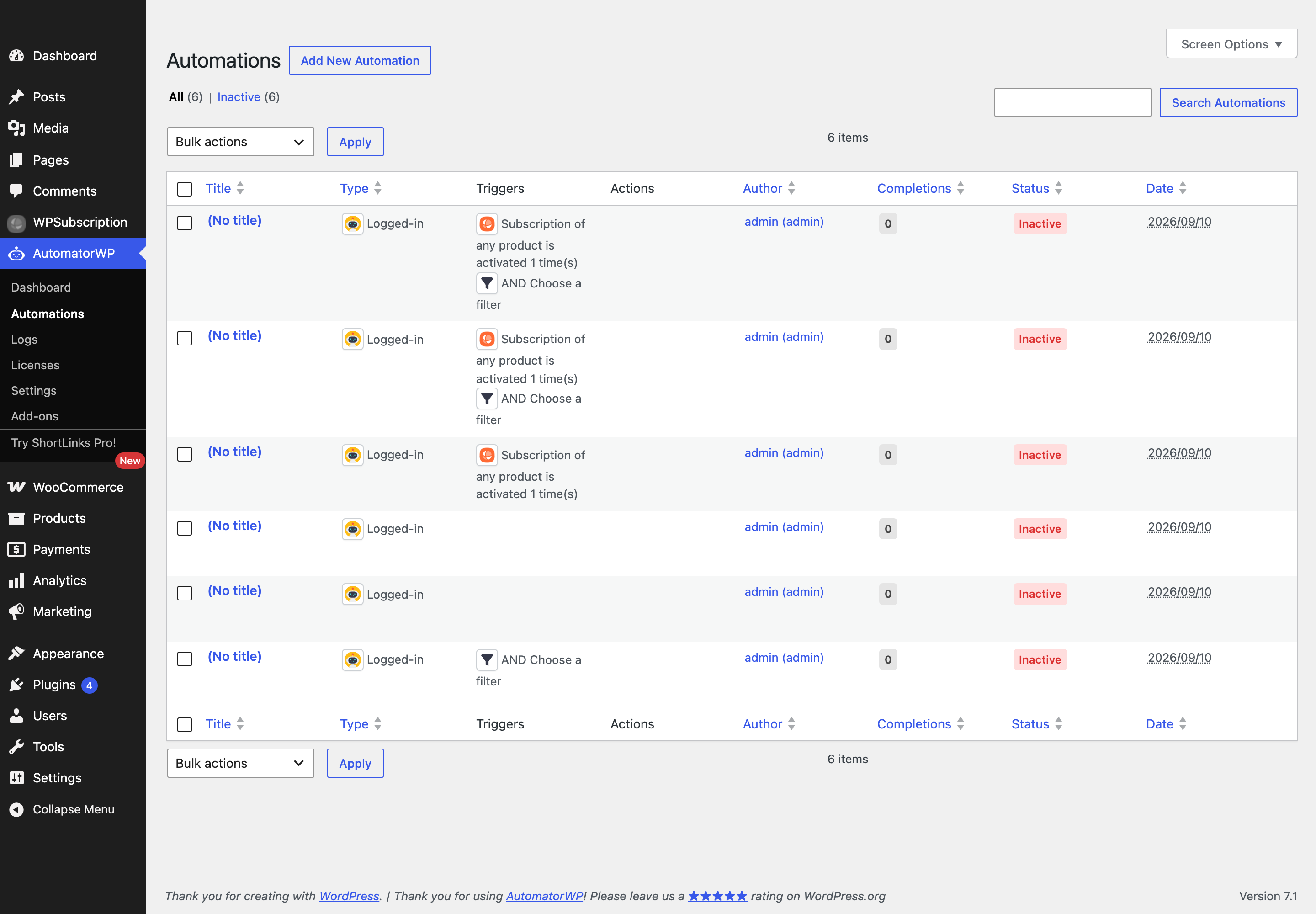 Screenshot of the AutomatorWP Automations list screen in WordPress admin, with the Add New Automation button beside the page title
