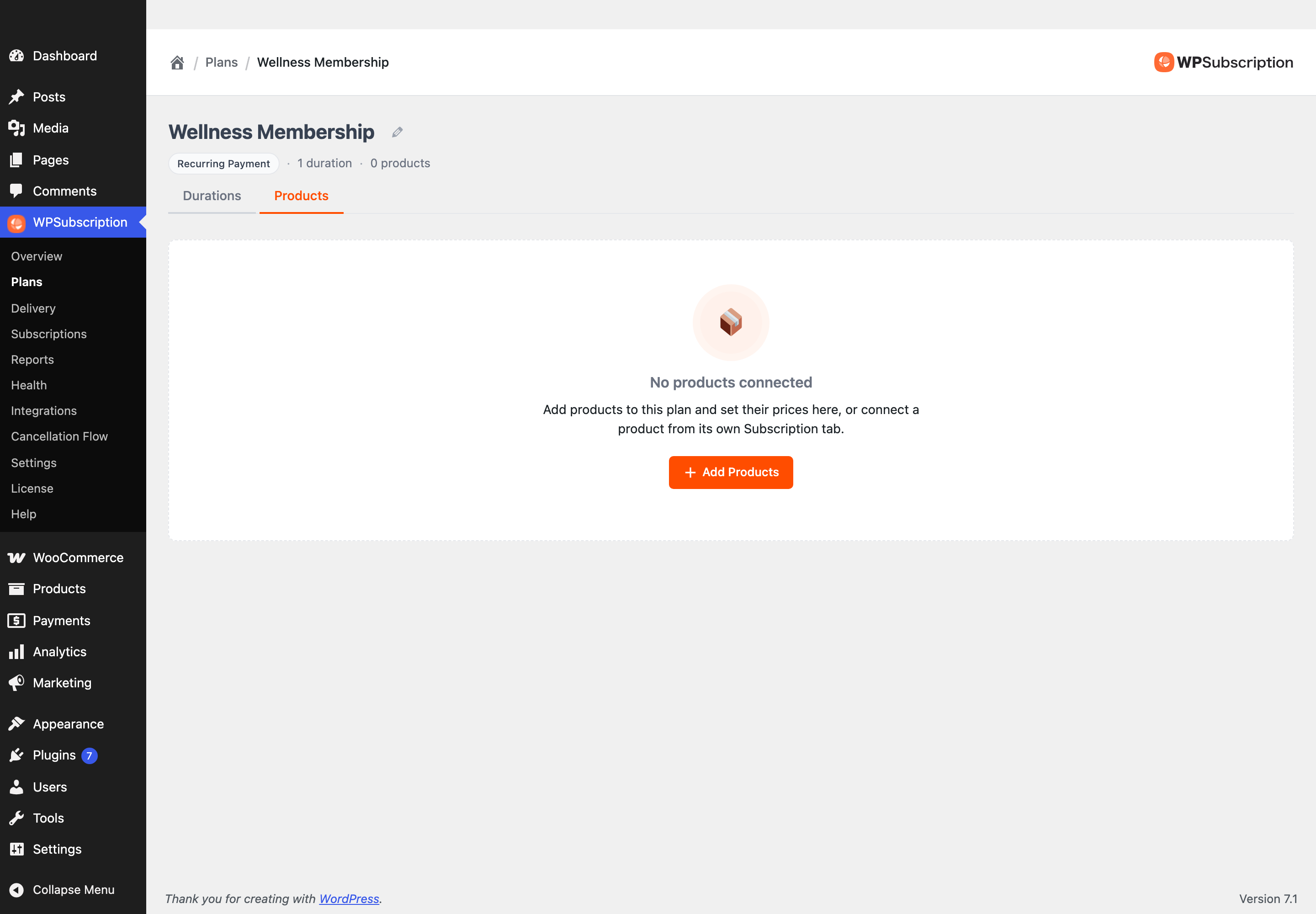 Screenshot of a plan's Products tab with no products connected, showing an Add Products button