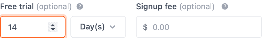 Screenshot of the Free trial and Signup fee fields side by side in the Add Duration dialog