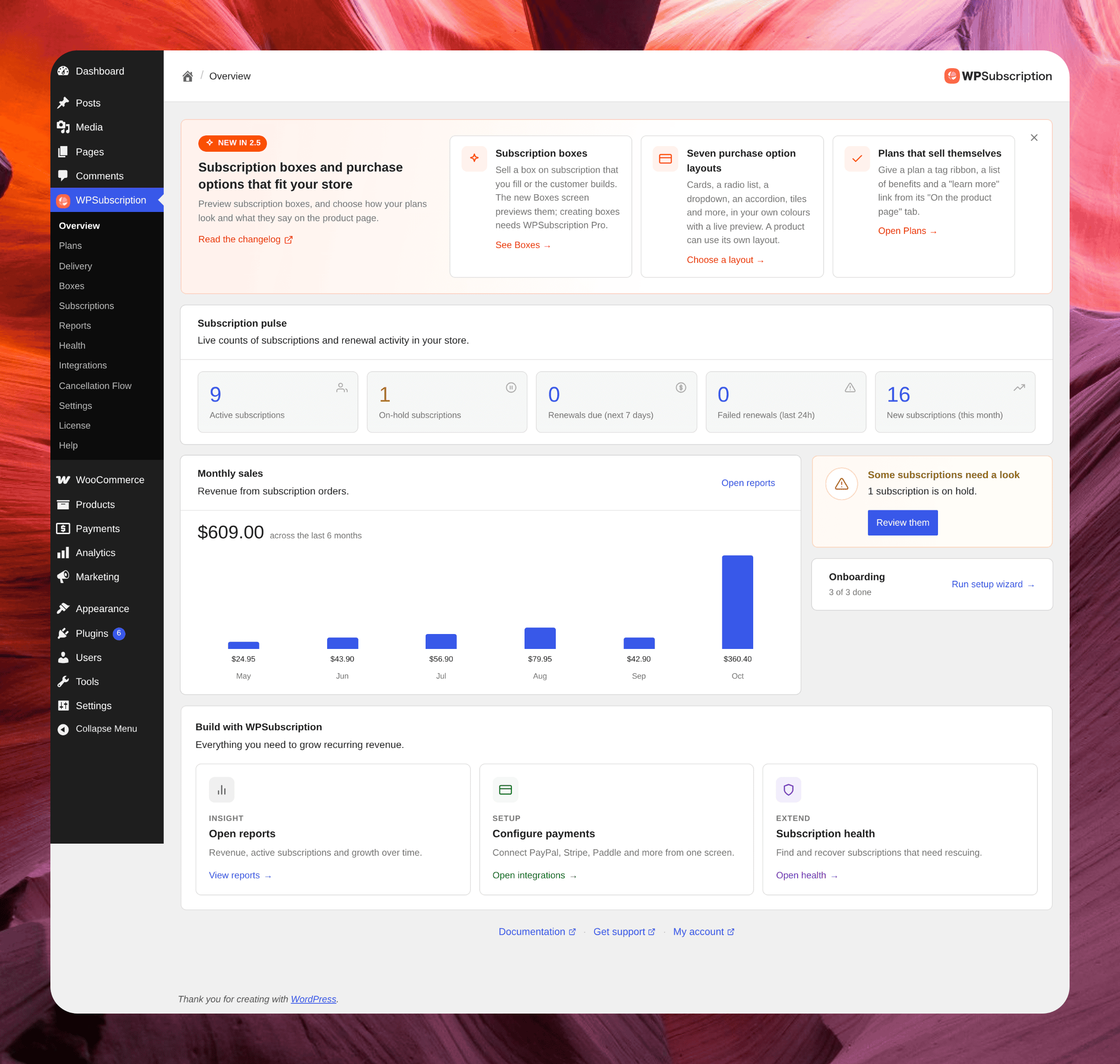 Screenshot of the WPSubscription Overview dashboard with subscription counts, a monthly sales chart, an attention card and onboarding progress