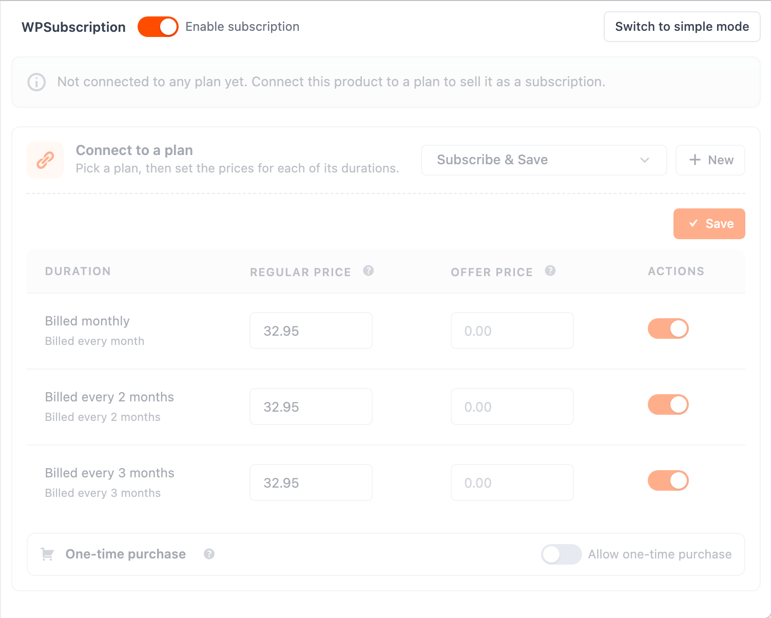 Screenshot of the per-duration price table that appears after choosing a plan on a product, with a one-time purchase row beneath