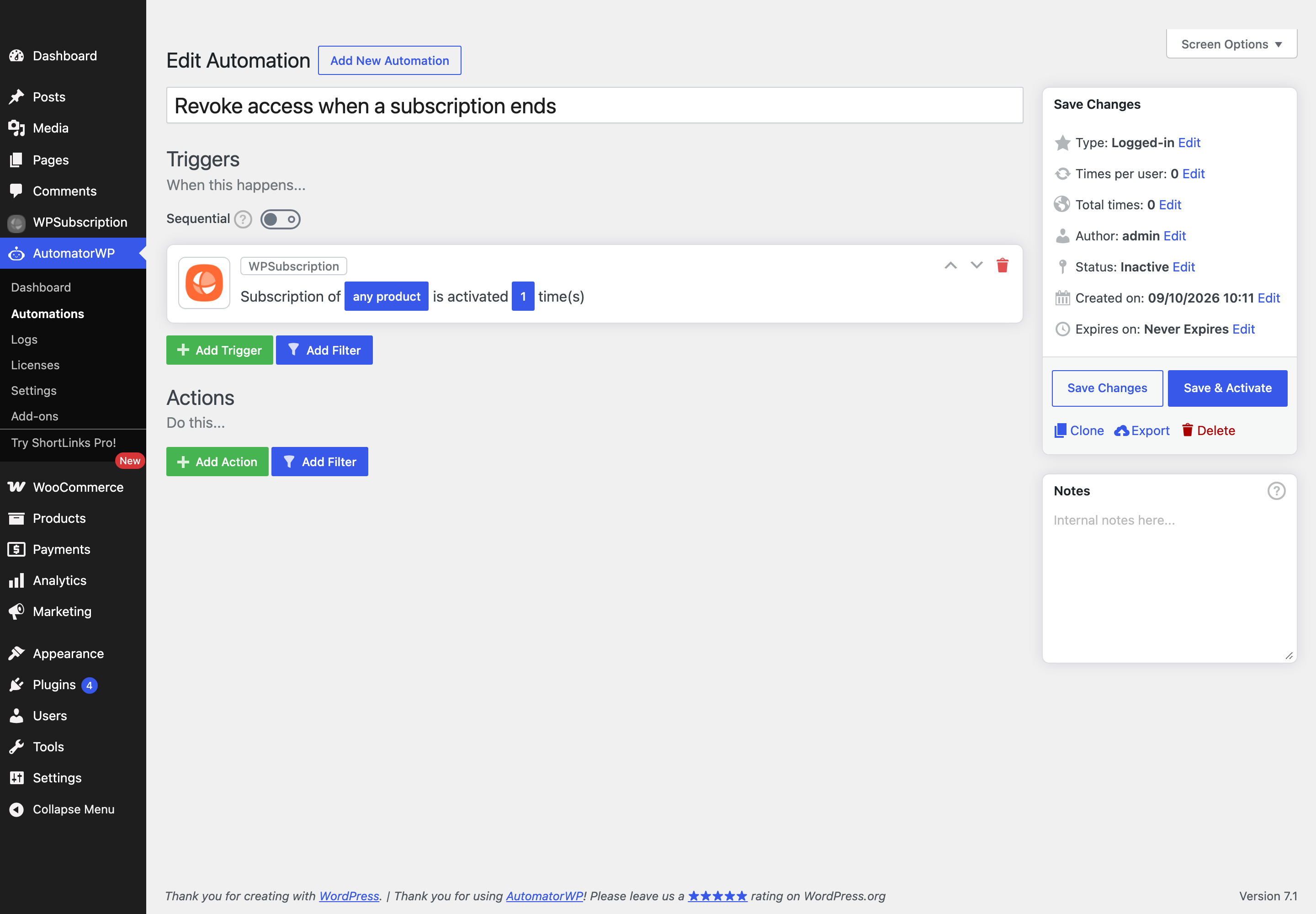 Screenshot of a configured WPSubscription trigger reading Subscription of any product is activated 1 times, with any product and 1 as editable fields