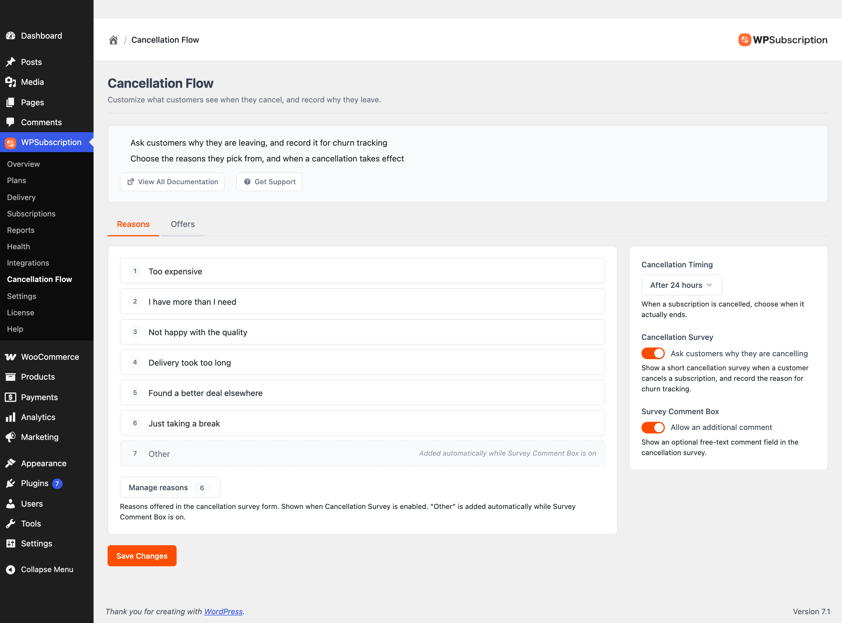 Screenshot of the Cancellation Flow admin screen showing the Reasons tab with a list of cancellation reasons and the flow options sidebar