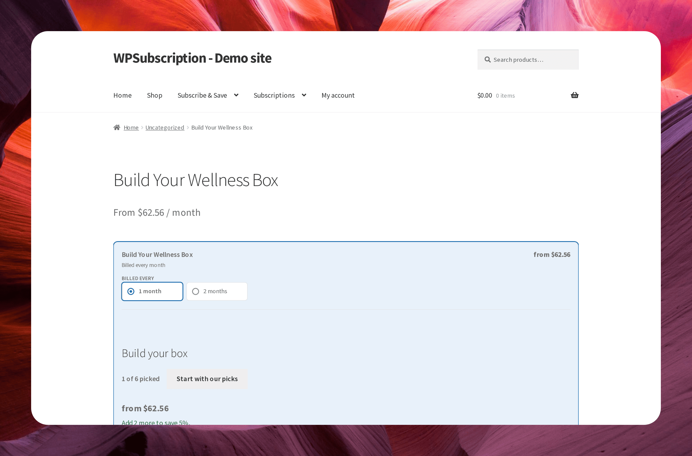 Screenshot of a box product page with the delivery choices, a Build your box heading and the first item cards
