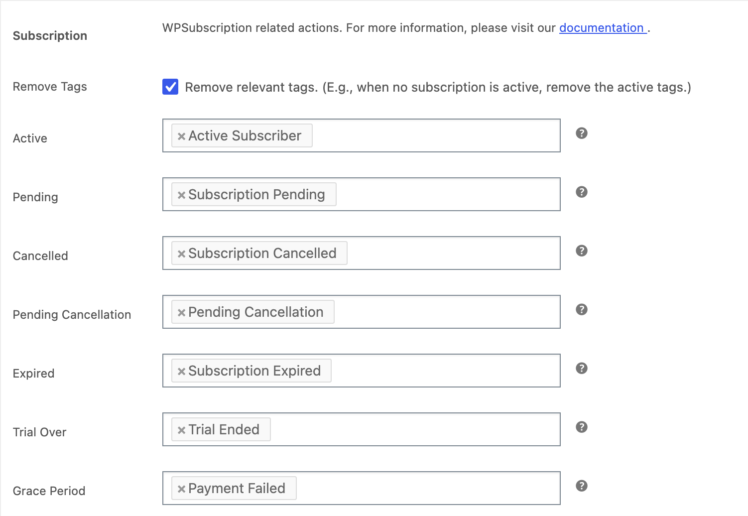 Screenshot of the seven subscription status tag fields — Active, Pending, Cancelled, Pending Cancellation, Expired, Trial Over and Grace Period — each with a CRM tag selector
