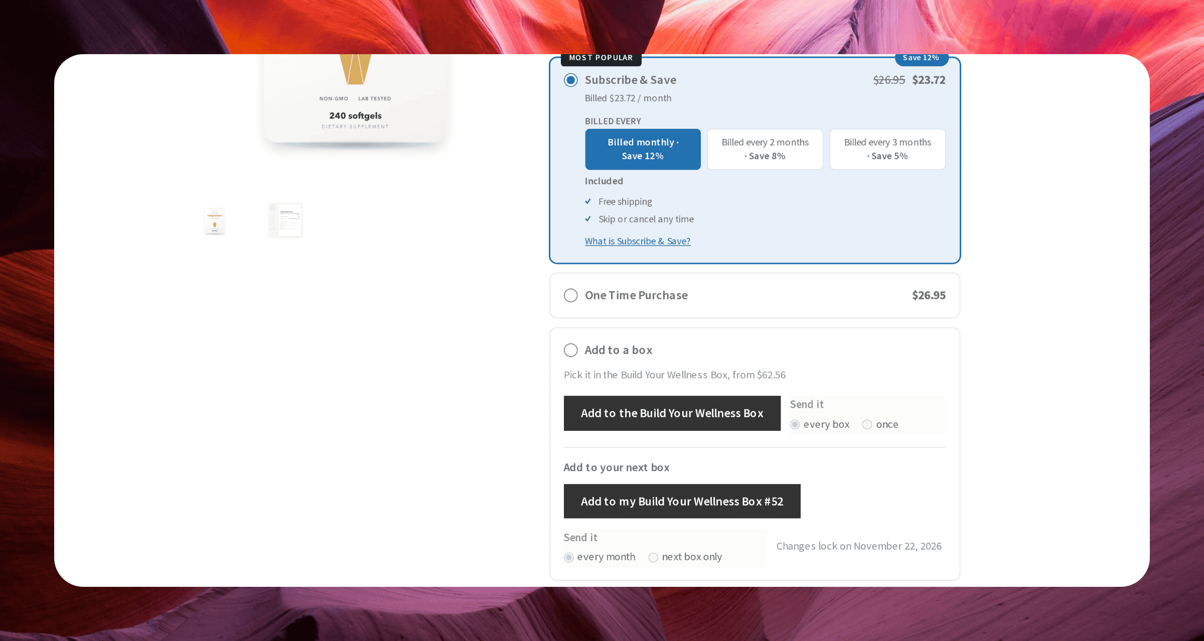 Screenshot of the Magnesium Glycinate 800mg product page with Add to a box and Add to your next box sections