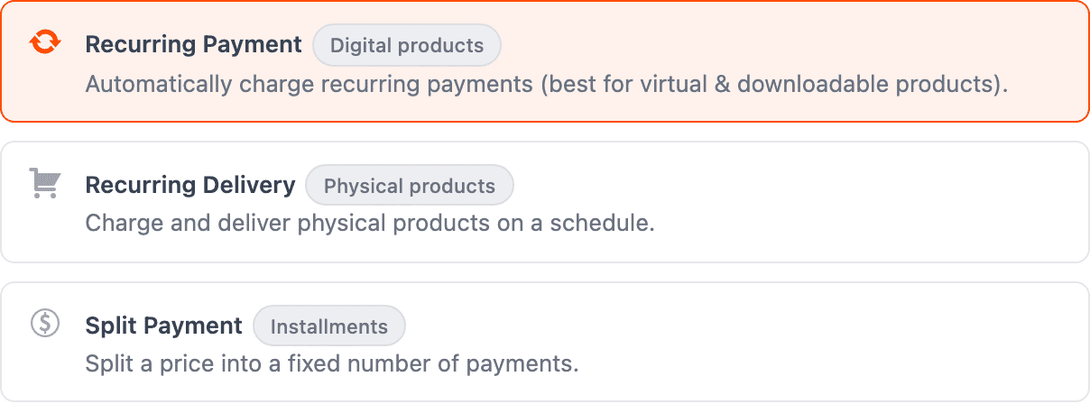Screenshot of the three plan type cards: Recurring Payment, Recurring Delivery and Split Payment