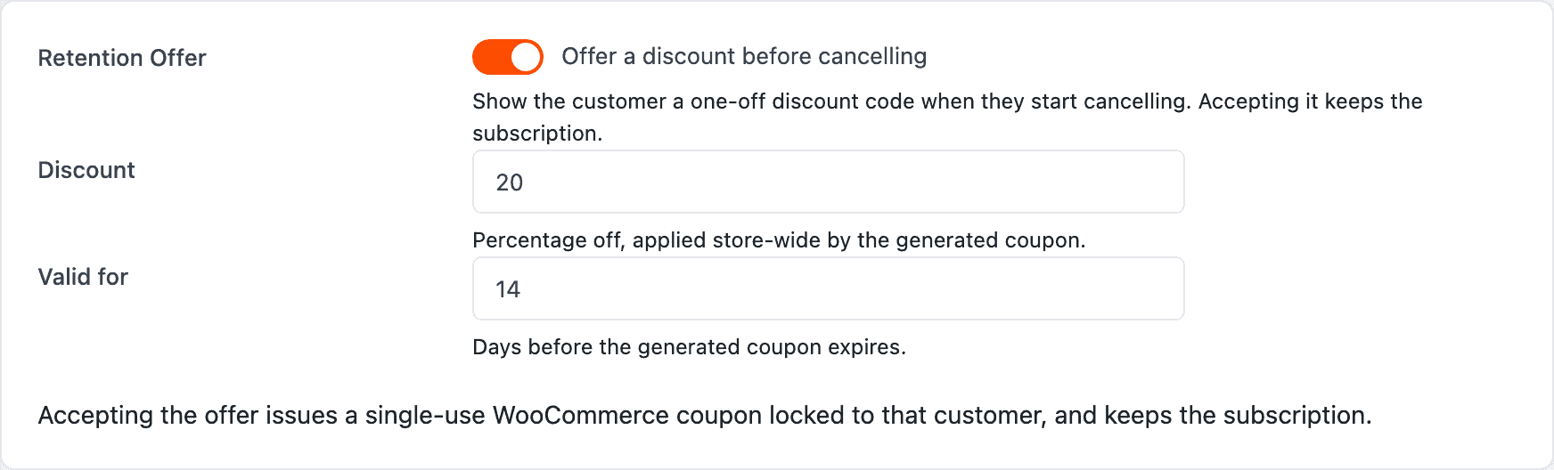 Close-up screenshot of the Retention Offer fields: the enable toggle, Discount percentage and Valid for days