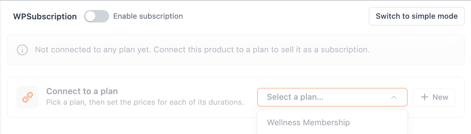 Screenshot of the plan picker open on a product's Subscription tab