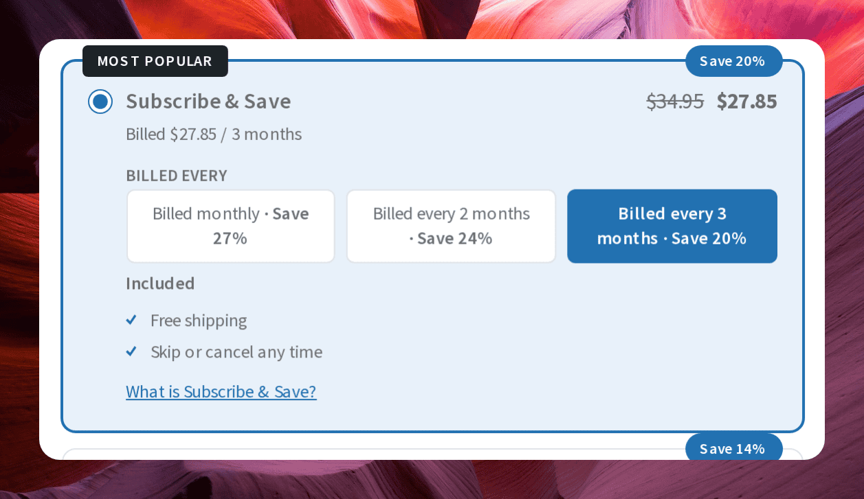 Close-up screenshot of a plan card with a Save 14 percent badge and the regular price struck through beside the offer price