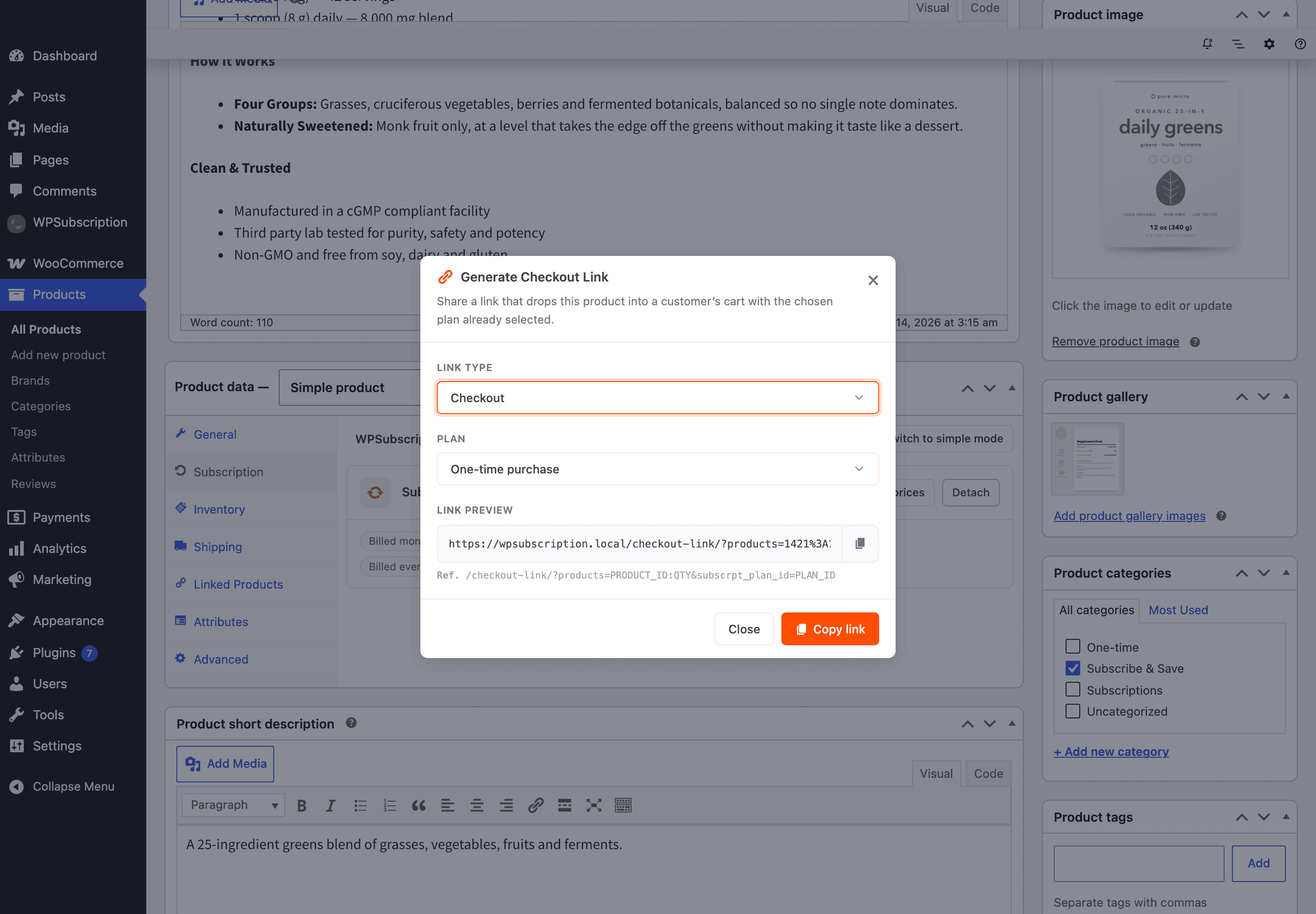 Screenshot of the Generate Checkout Link dialog with Link type, Plan and Link preview fields