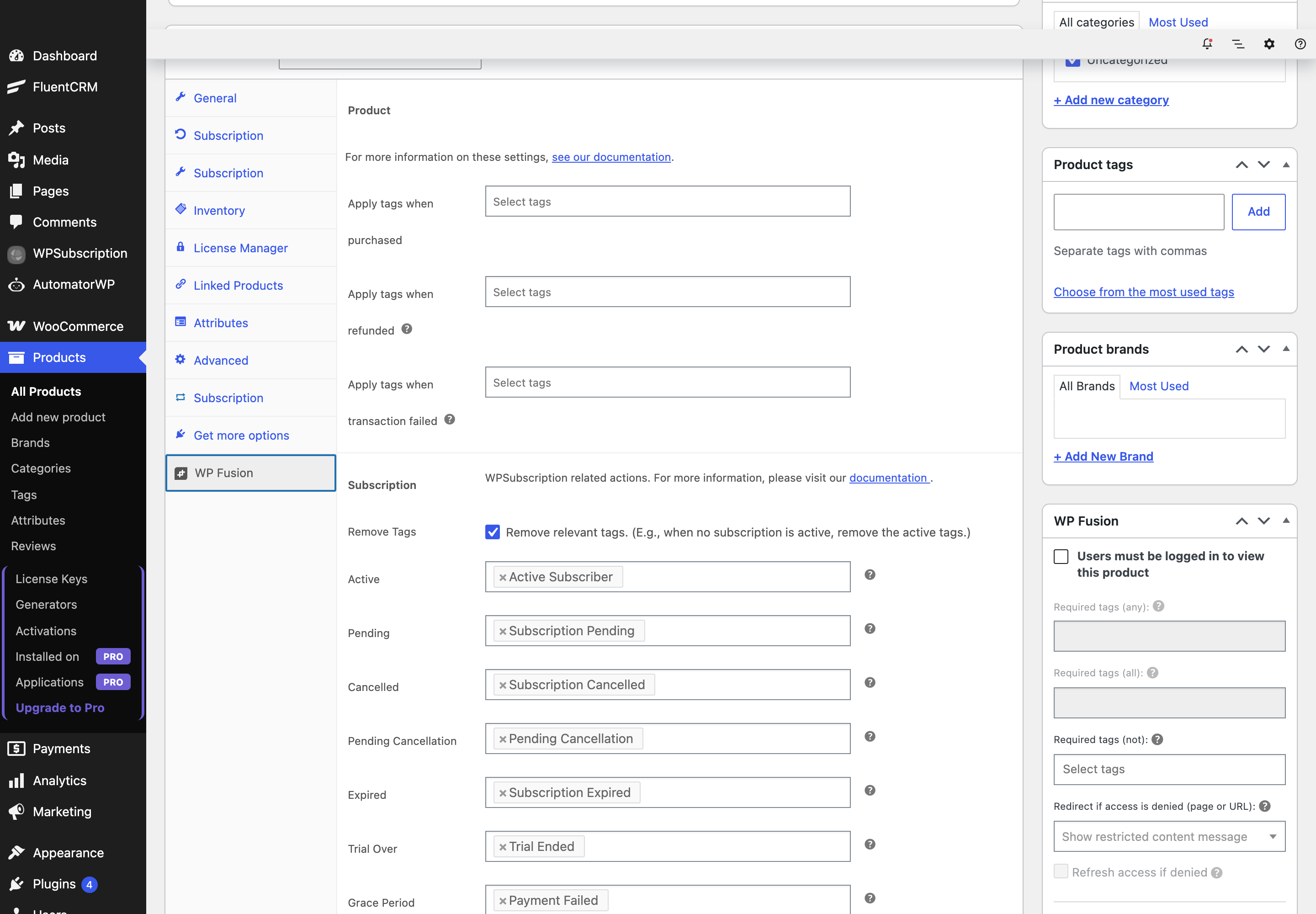 Screenshot of the WP Fusion tab in the WooCommerce product data panel, showing the Subscription section added by WPSubscription Pro