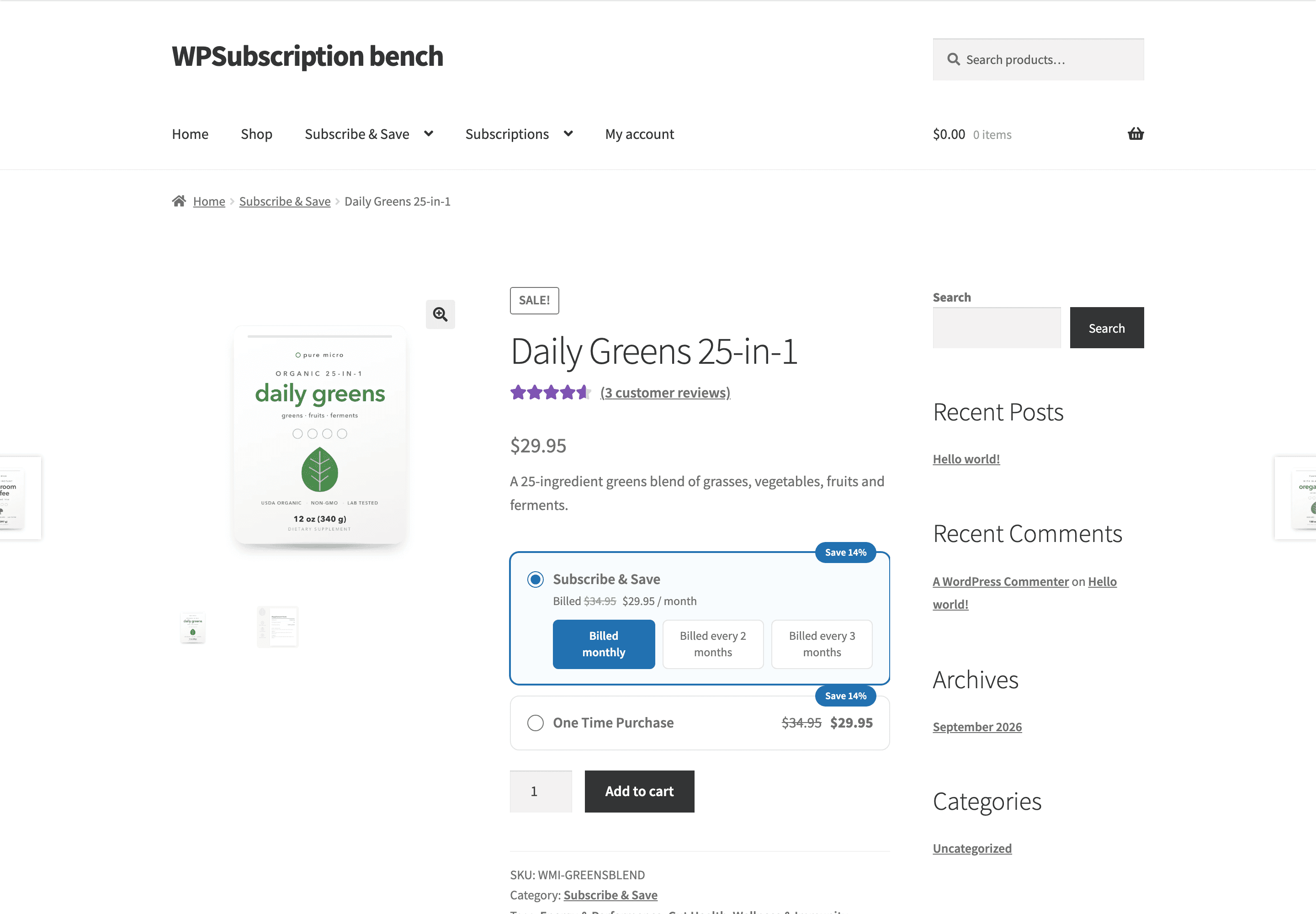 Screenshot of a WooCommerce product page with the WPSubscription plan selector above the Add to cart button