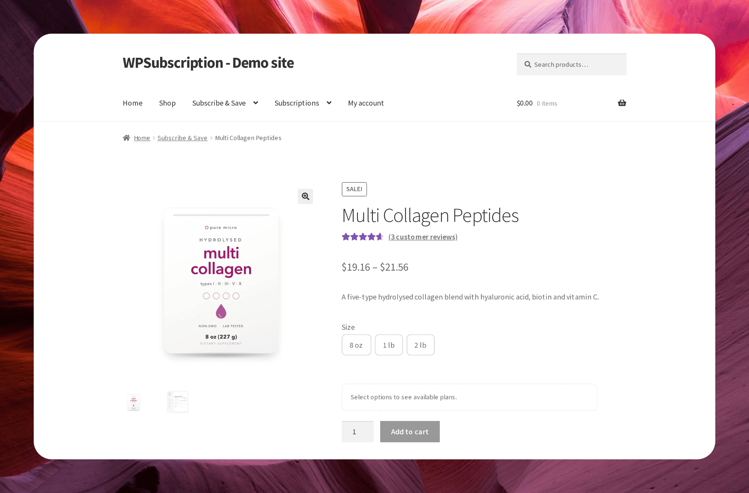 Screenshot of a variable product page before a variation is chosen, showing the message Select options to see available plans